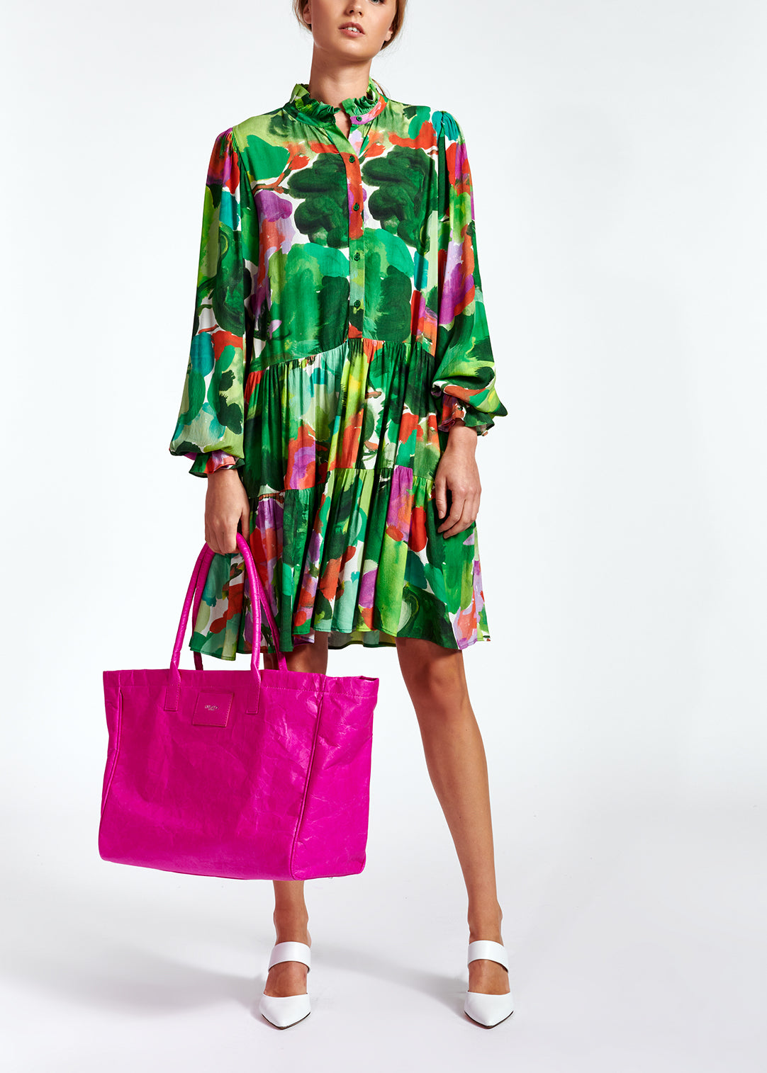 Mini robe trapèze à imprimé aquarelle vert, rouge et pourpre RE—SSENTIEL | Essentiel second hand