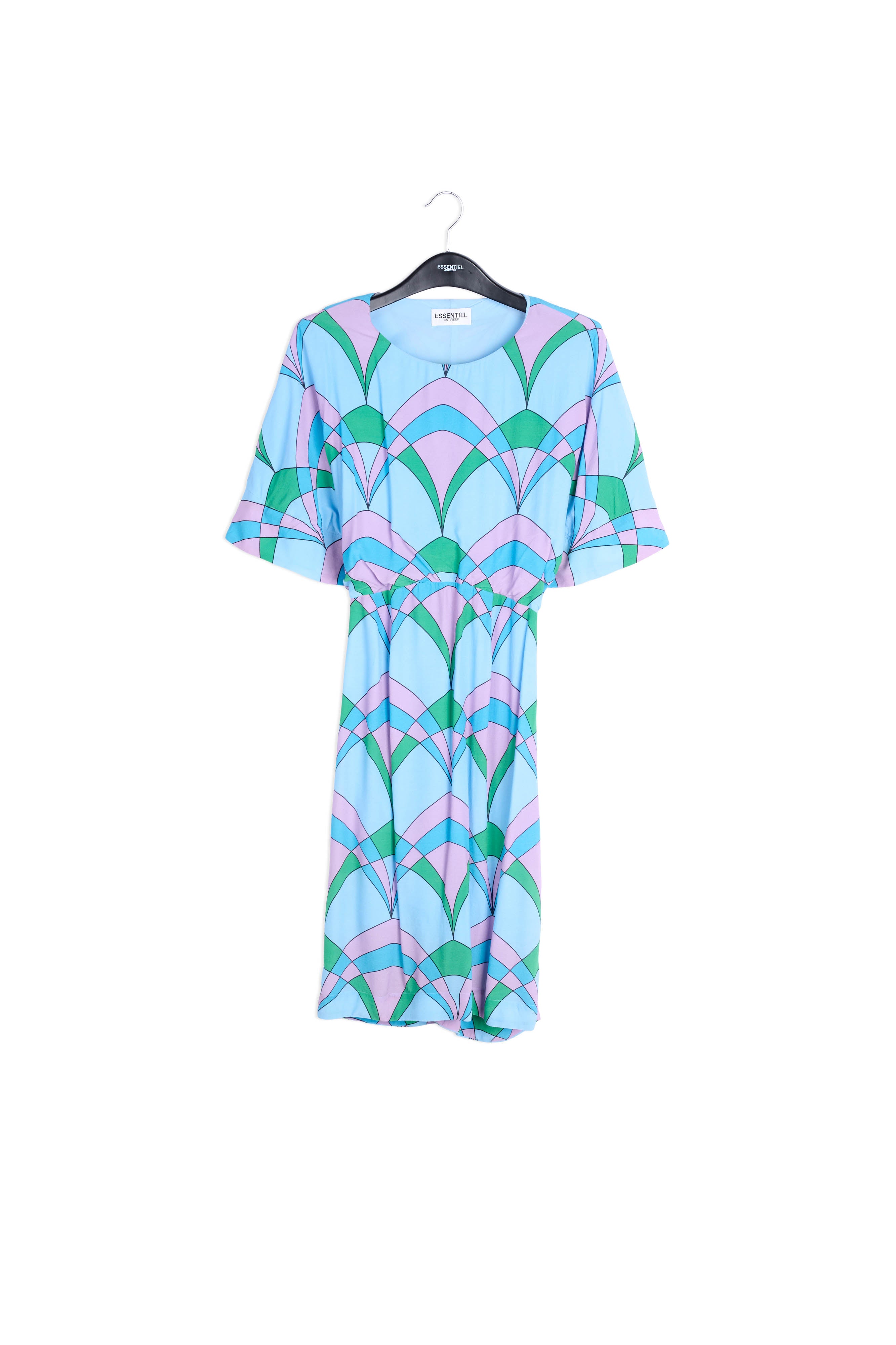 Lichtblauwe knielange jurk met grafische print RE—SSENTIEL | Essentiel second hand