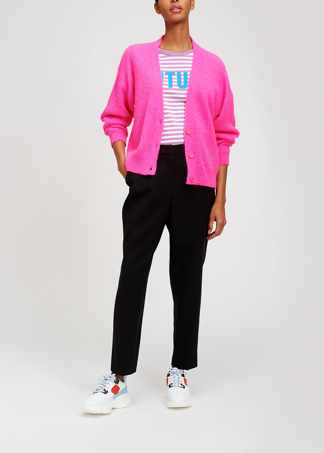 Knitted ribbed cardigan in fuchsia with mohair RE—SSENTIEL | Essentiel second hand