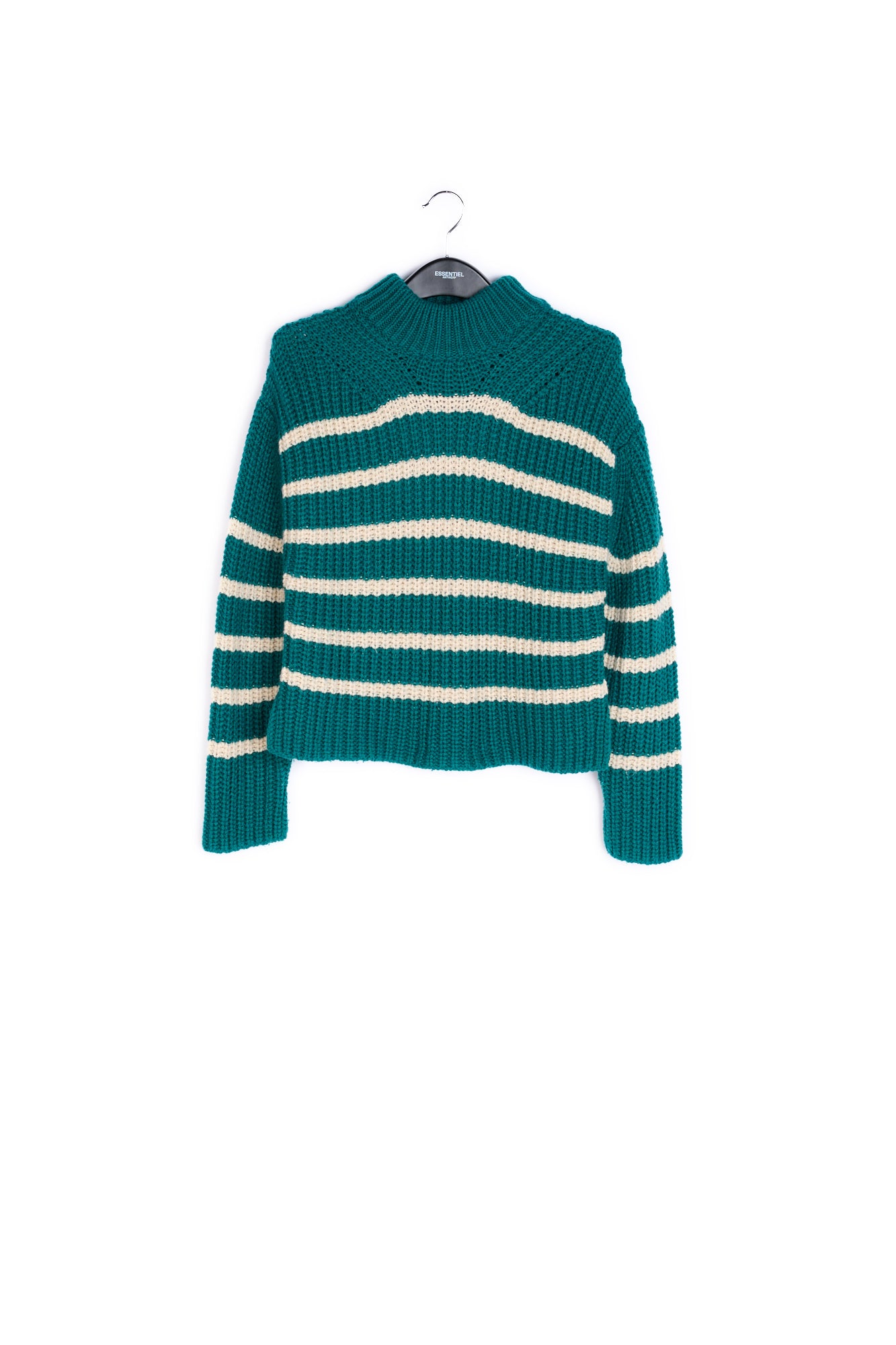 Bottle green and off-white striped ribbed-knit sweater RE—SSENTIEL | Essentiel second hand