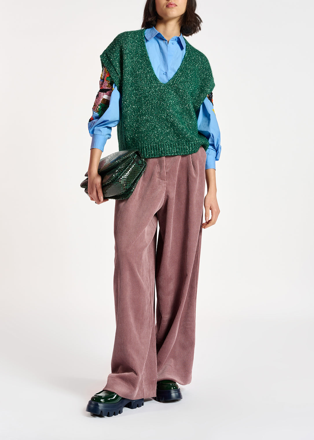 Dark green mélange sleeveless sweater with separate collar RE—SSENTIEL | Essentiel second hand