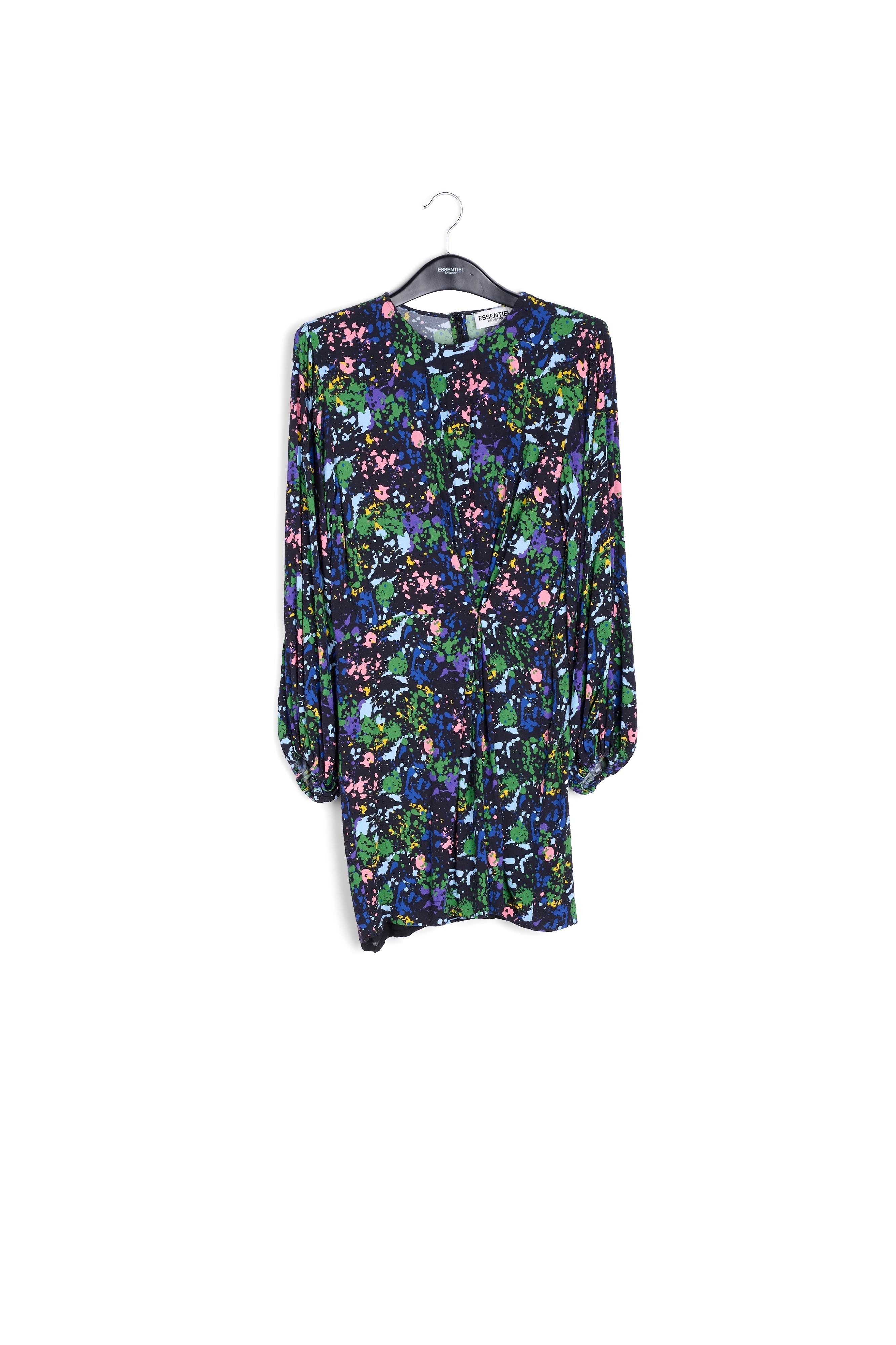 Zwarte en blauwe mini-jurk met bloemenprint RE—SSENTIEL | Essentiel second hand