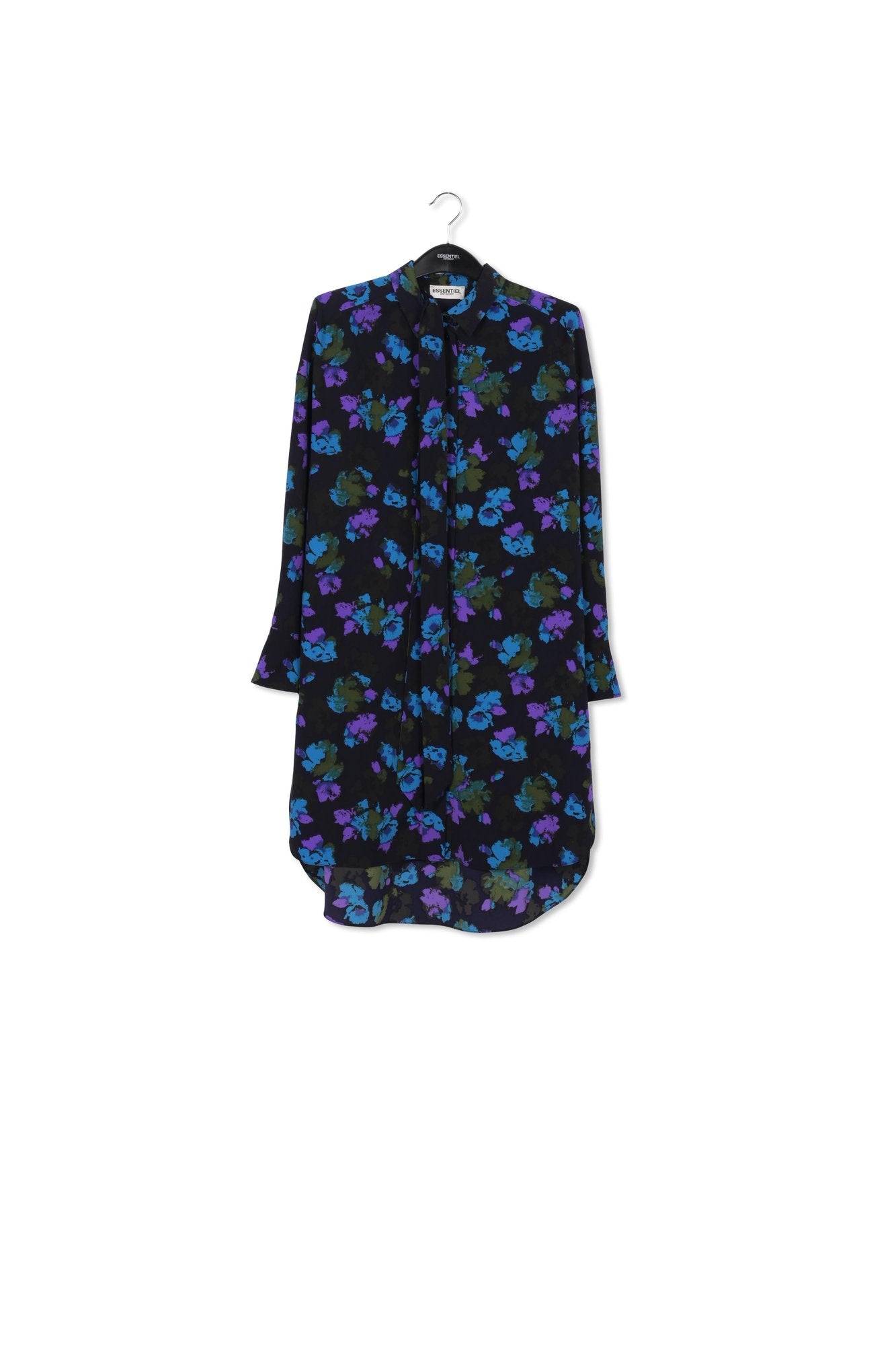 Black and blue floral print midi shirt dress RE—SSENTIEL | Essentiel second hand