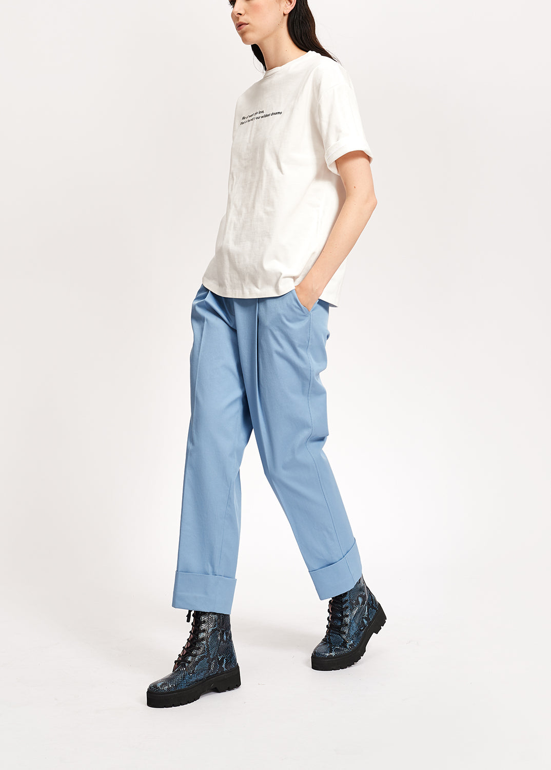 Lichtblauwe katoenmix broek met rechte pijpen RE—SSENTIEL | Essentiel second hand