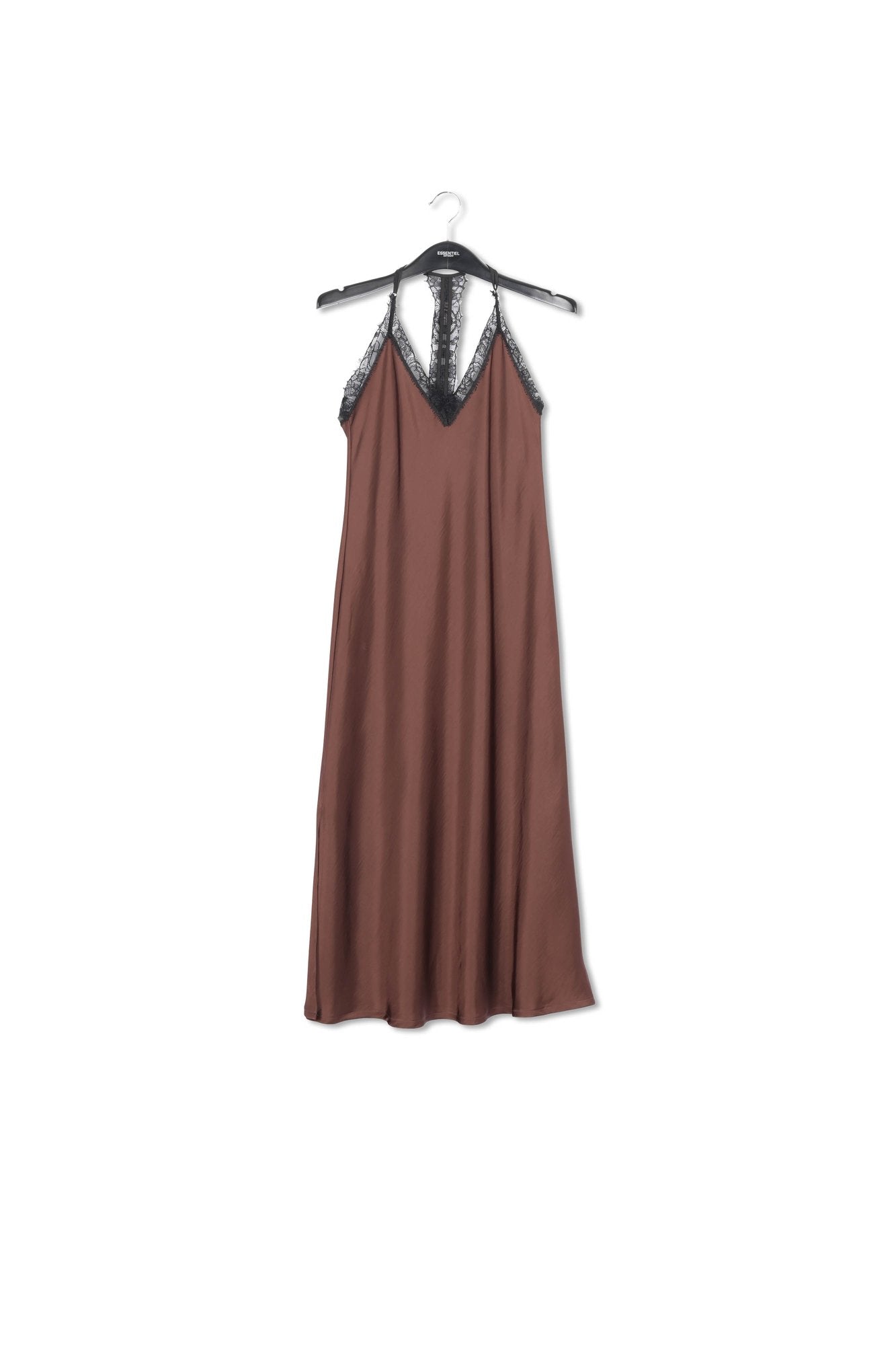 Brown lace-trimmed maxi-length slip dress RE—SSENTIEL | Essentiel second hand