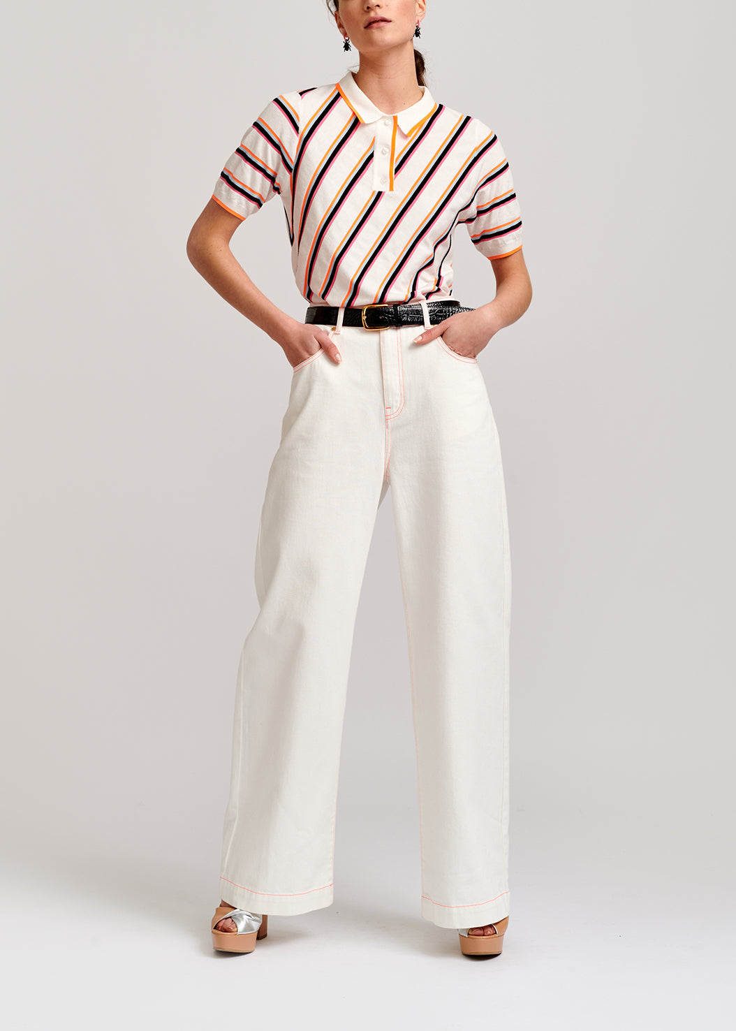 Off-white polo shirt with neon stripes RE—SSENTIEL | Essentiel second hand