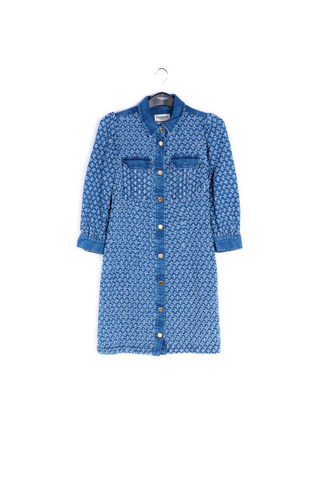 Dark blue perforated denim puffed sleeves mini dress RE—SSENTIEL | Essentiel second hand