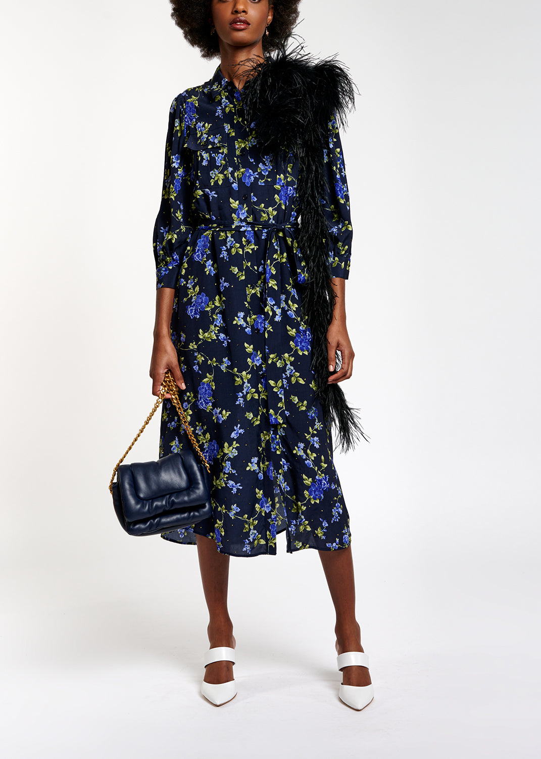 Dark blue floral print shirt dress RE—SSENTIEL | Essentiel second hand