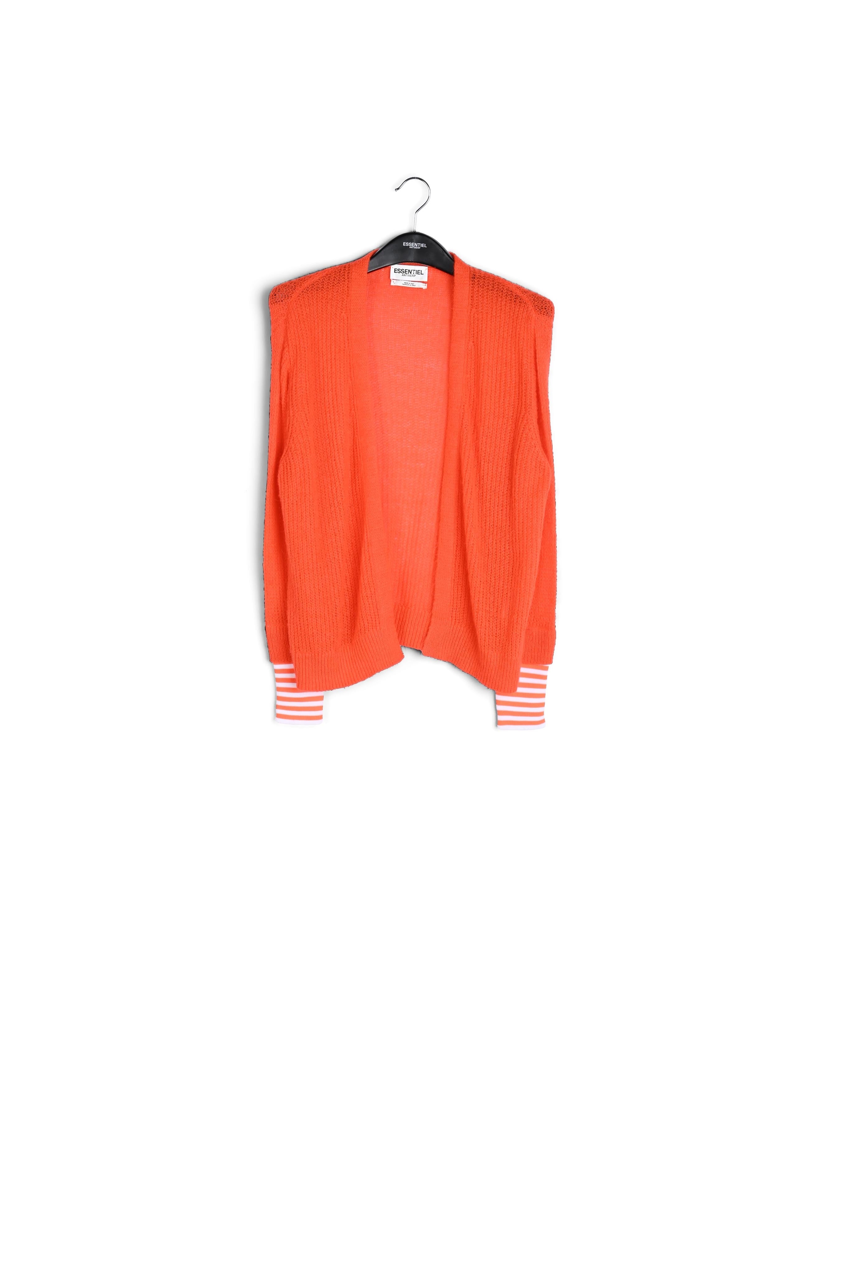 Neon orange ribbed-knit cardigan with striped neon cuffs