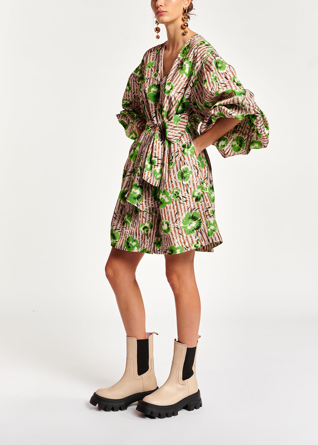 Mini robe cache-cœur verte et brune à fleurs RE—SSENTIEL | Essentiel second hand
