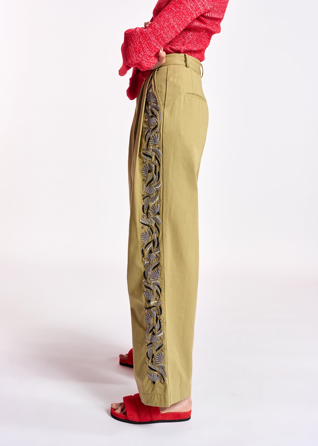 Khaki cotton wide-leg pants with bead embroidery RE—SSENTIEL | Essentiel second hand