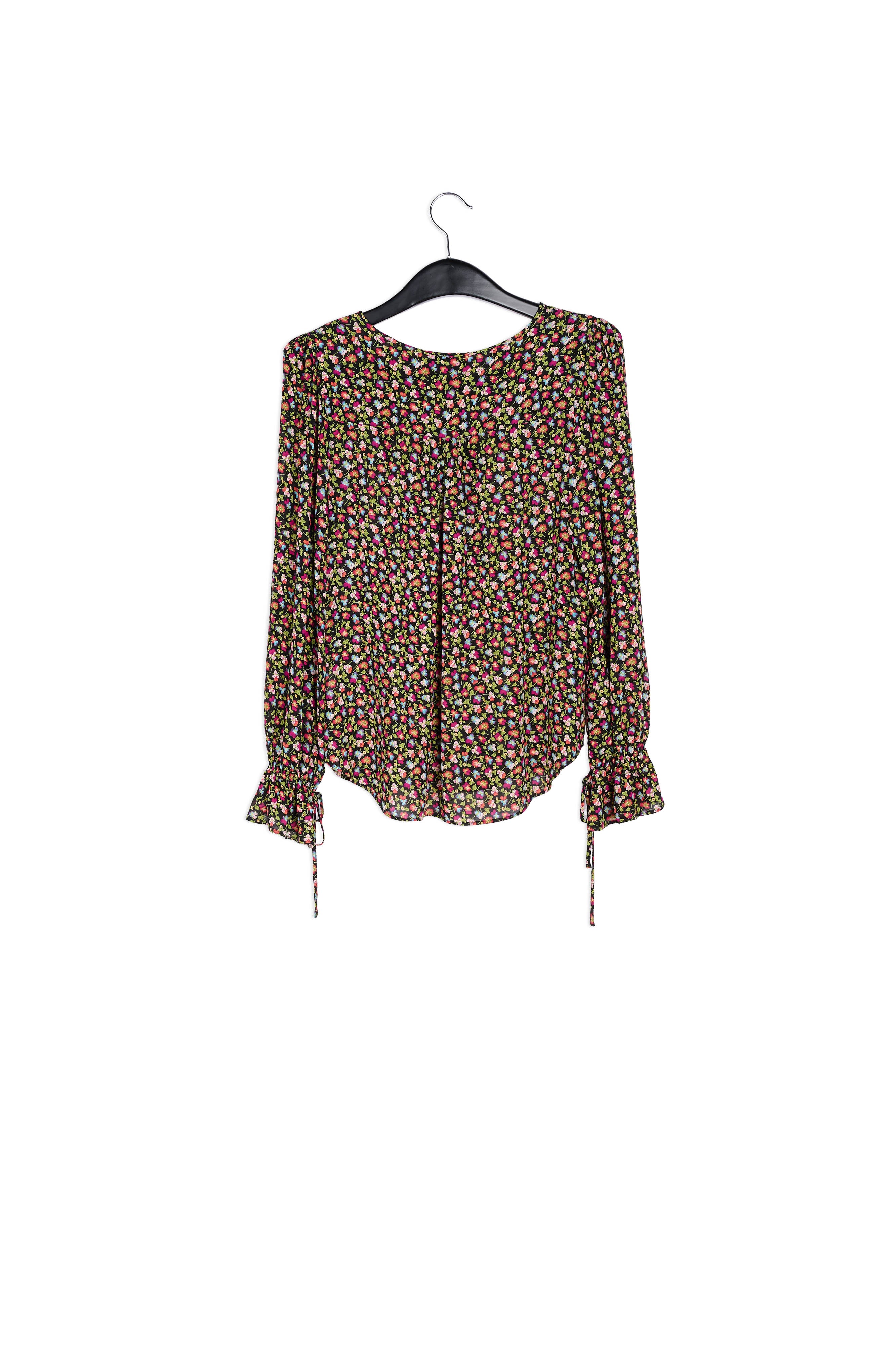 Blouse met zwarte, lichtgroene en fuchsia bloemenprint RE—SSENTIEL | Essentiel second hand