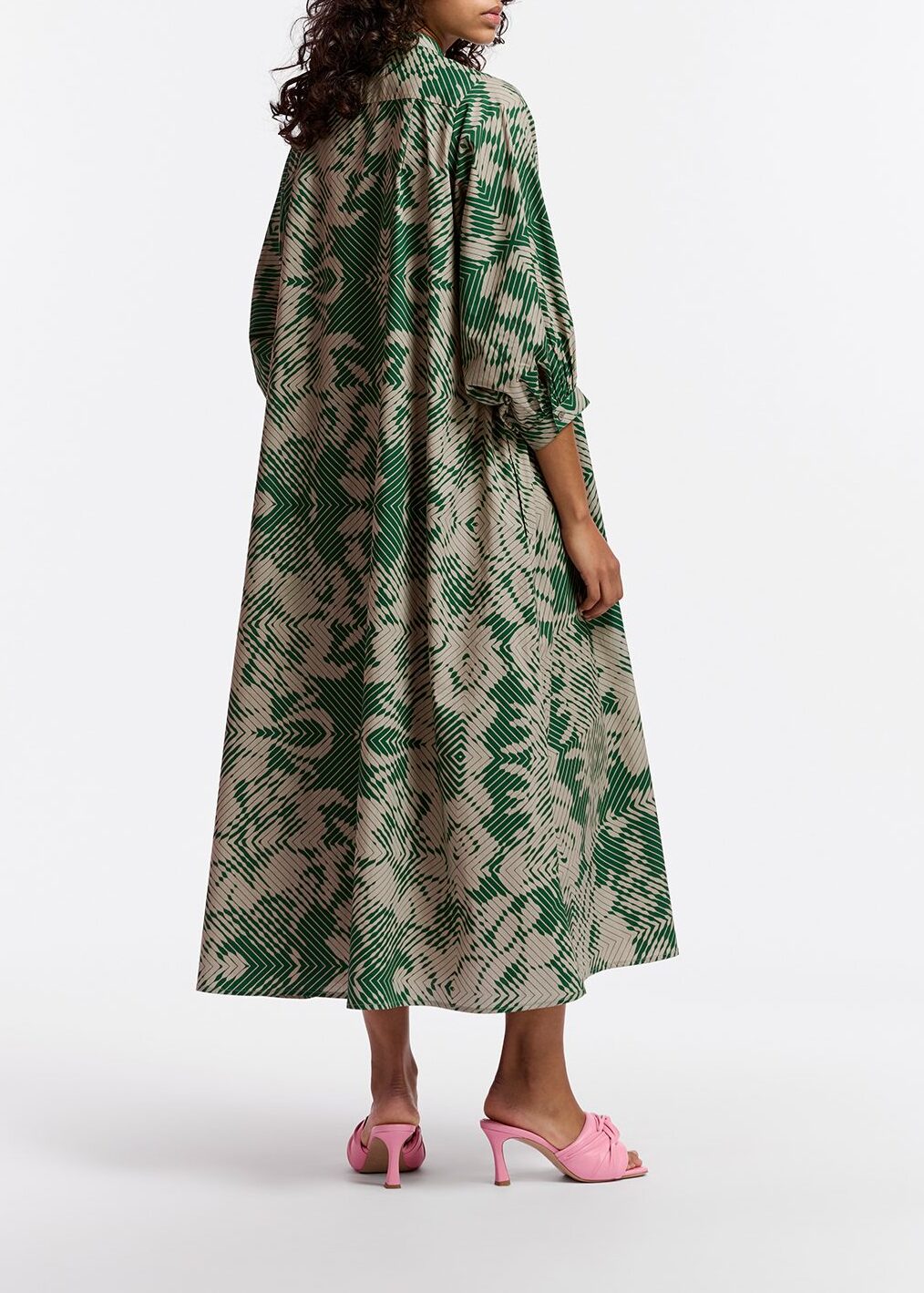 Beige and dark green maxi-length dress with geometric print RE—SSENTIEL | Essentiel second hand
