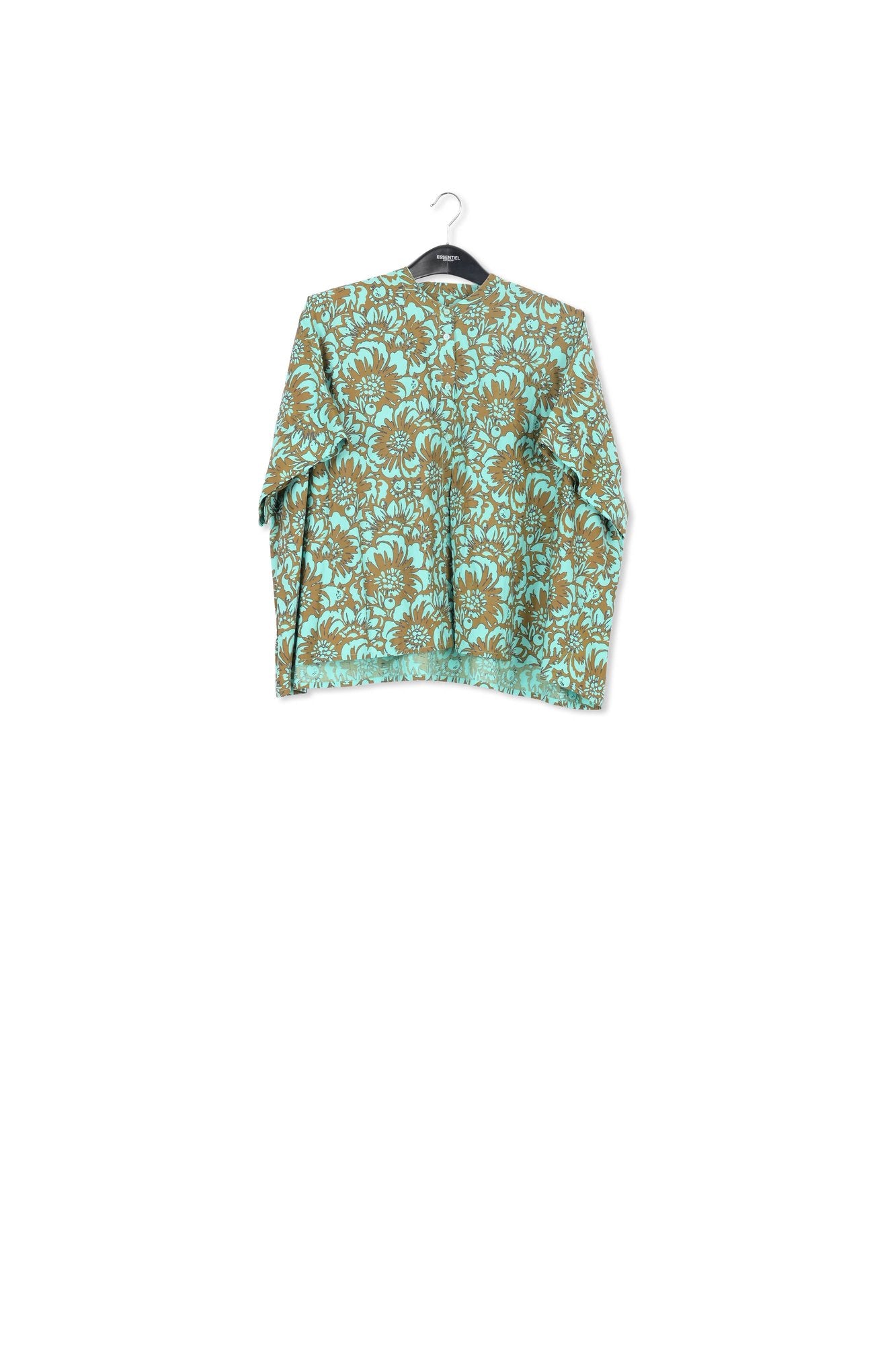 Khaki and turquoise oversized cotton-poplin shirt with floral print RE—SSENTIEL | Essentiel second hand