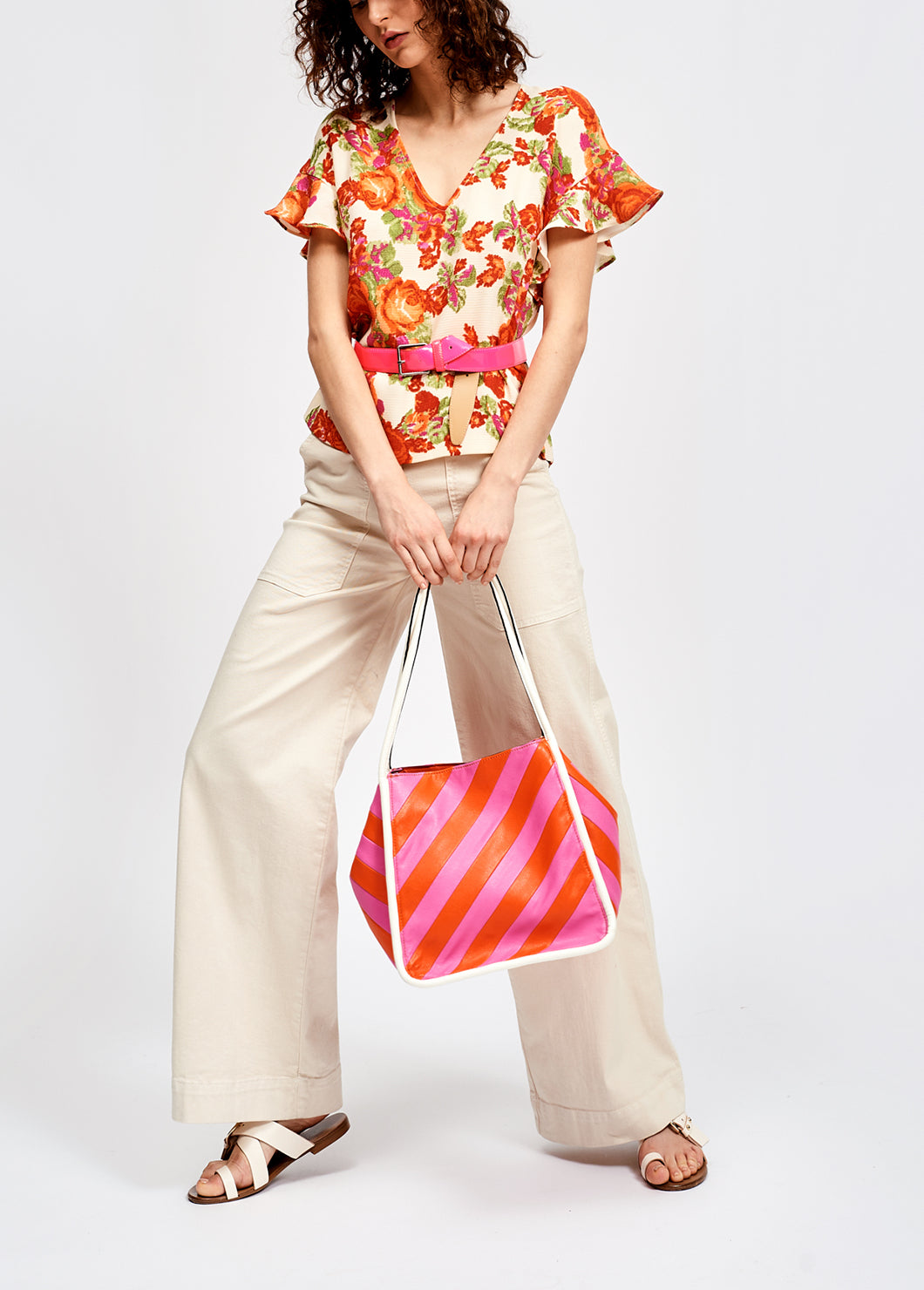 Orange and red floral print top with ruffled sleeves RE—SSENTIEL | Essentiel second hand