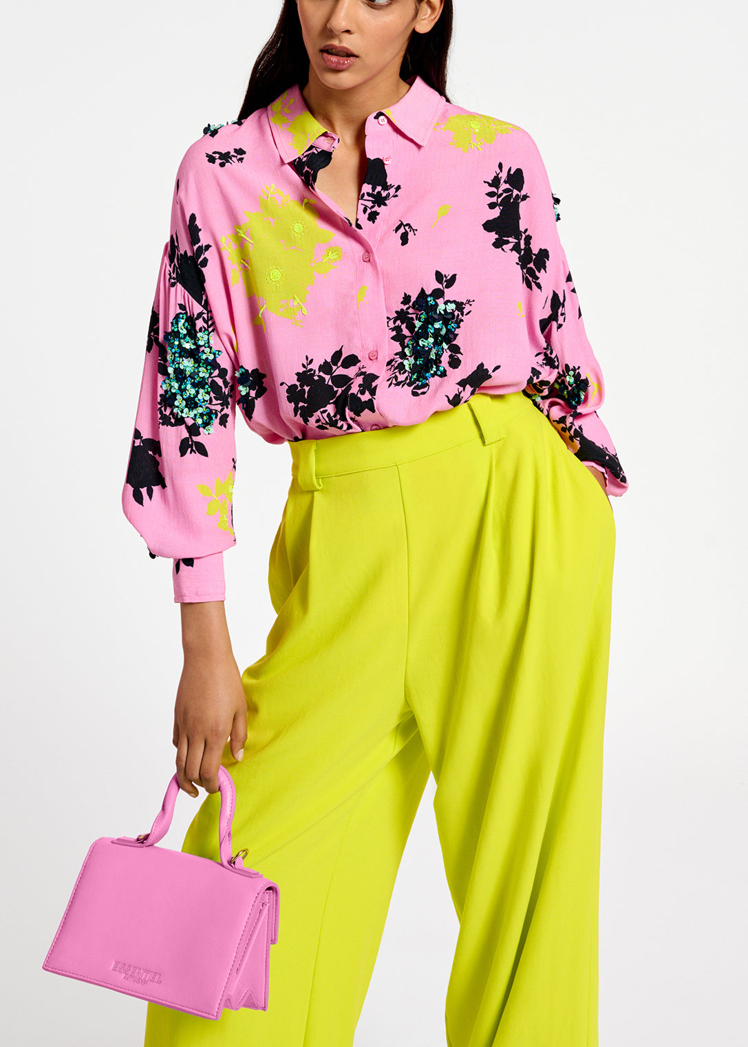 Hemd met roze, zwarte en gele bloemenprint RE—SSENTIEL | Essentiel second hand