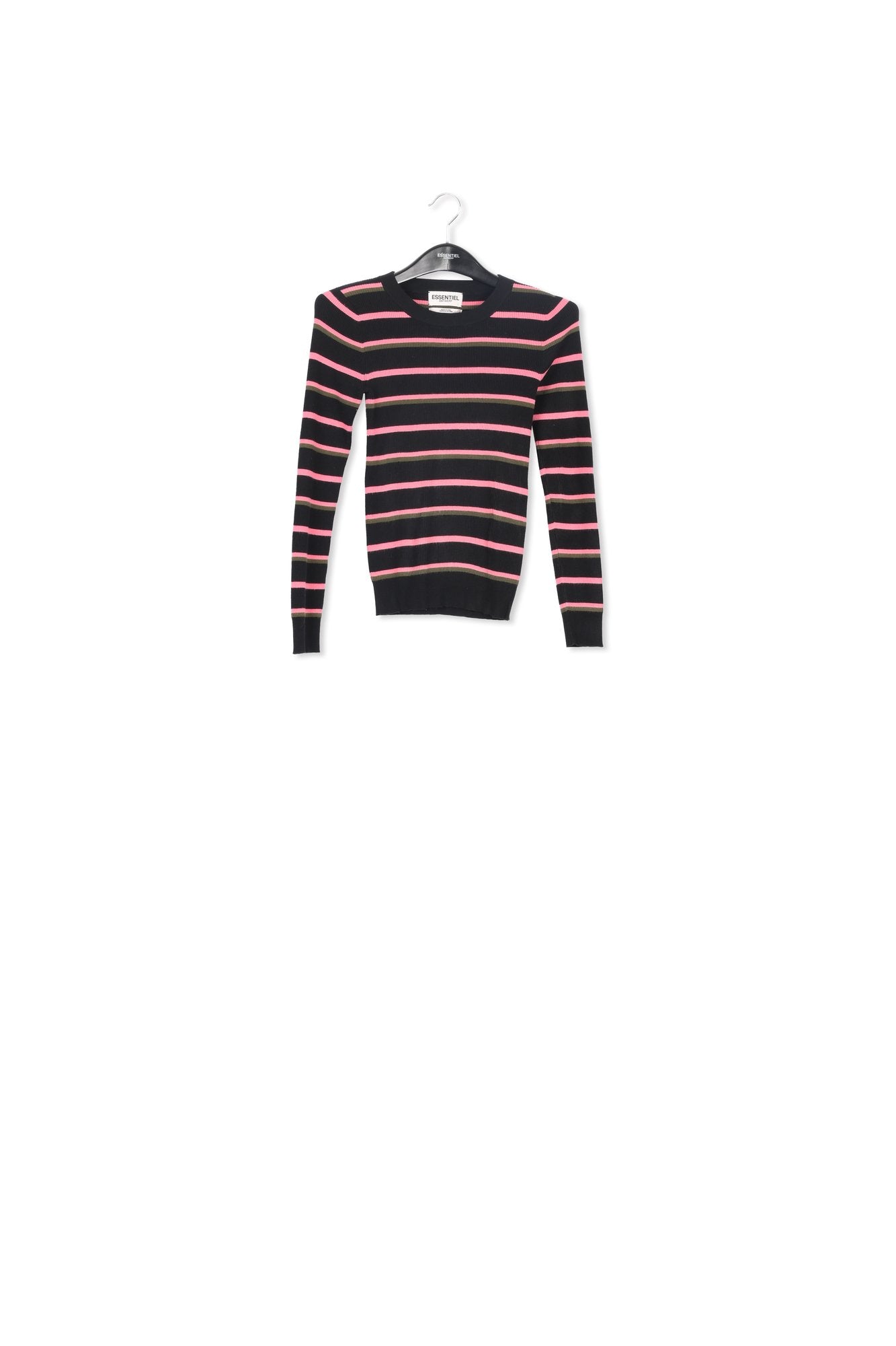 Black, neon pink and khaki striped knitted sweater RE—SSENTIEL | Essentiel second hand
