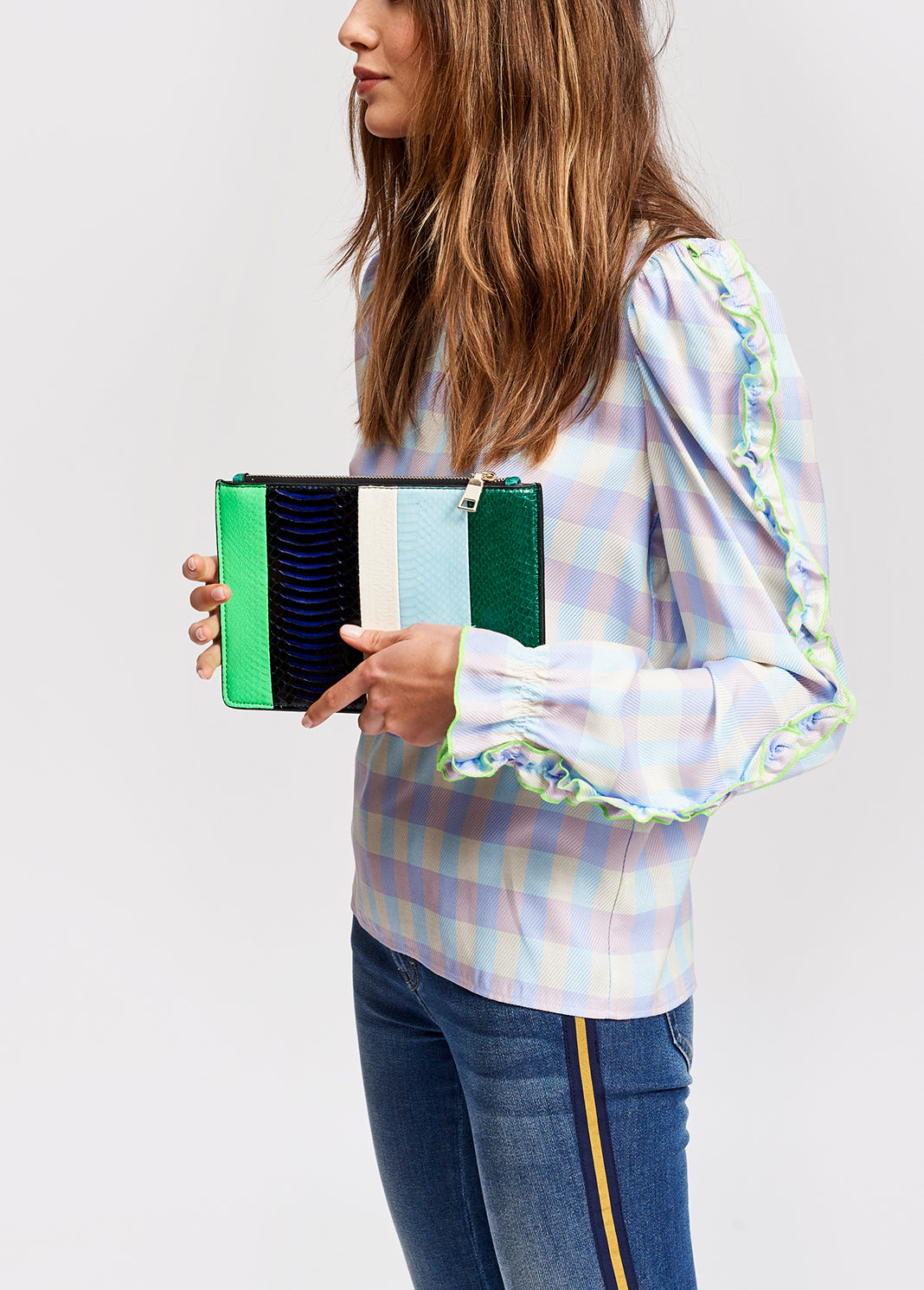 Light blue and purple checked top with ruffled sleeves RE—SSENTIEL | Essentiel second hand