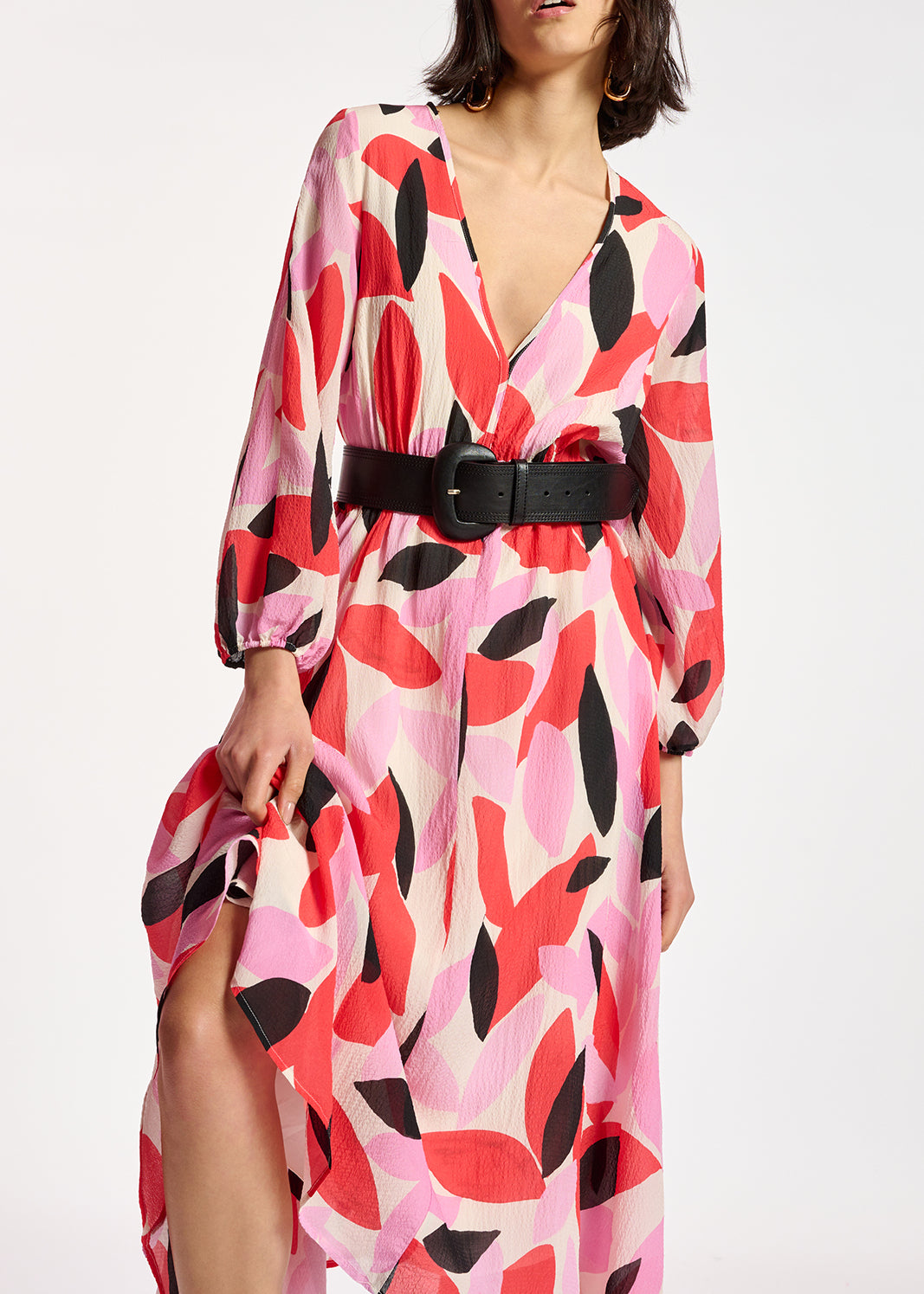 Off-white, red and pink abstract print midi-length dress RE—SSENTIEL | Essentiel second hand
