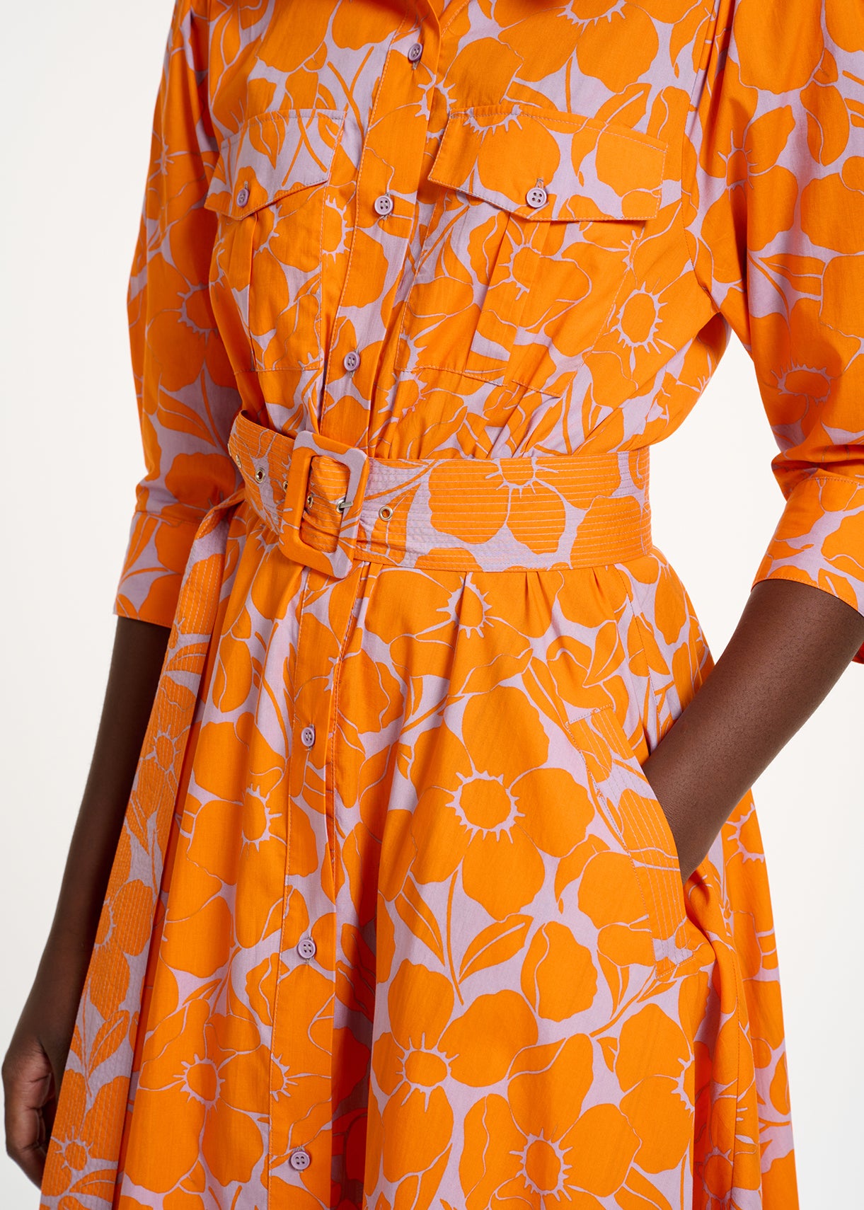 Robe chemise midi à imprimé fleuri orange et lilas RE—SSENTIEL | Essentiel second hand
