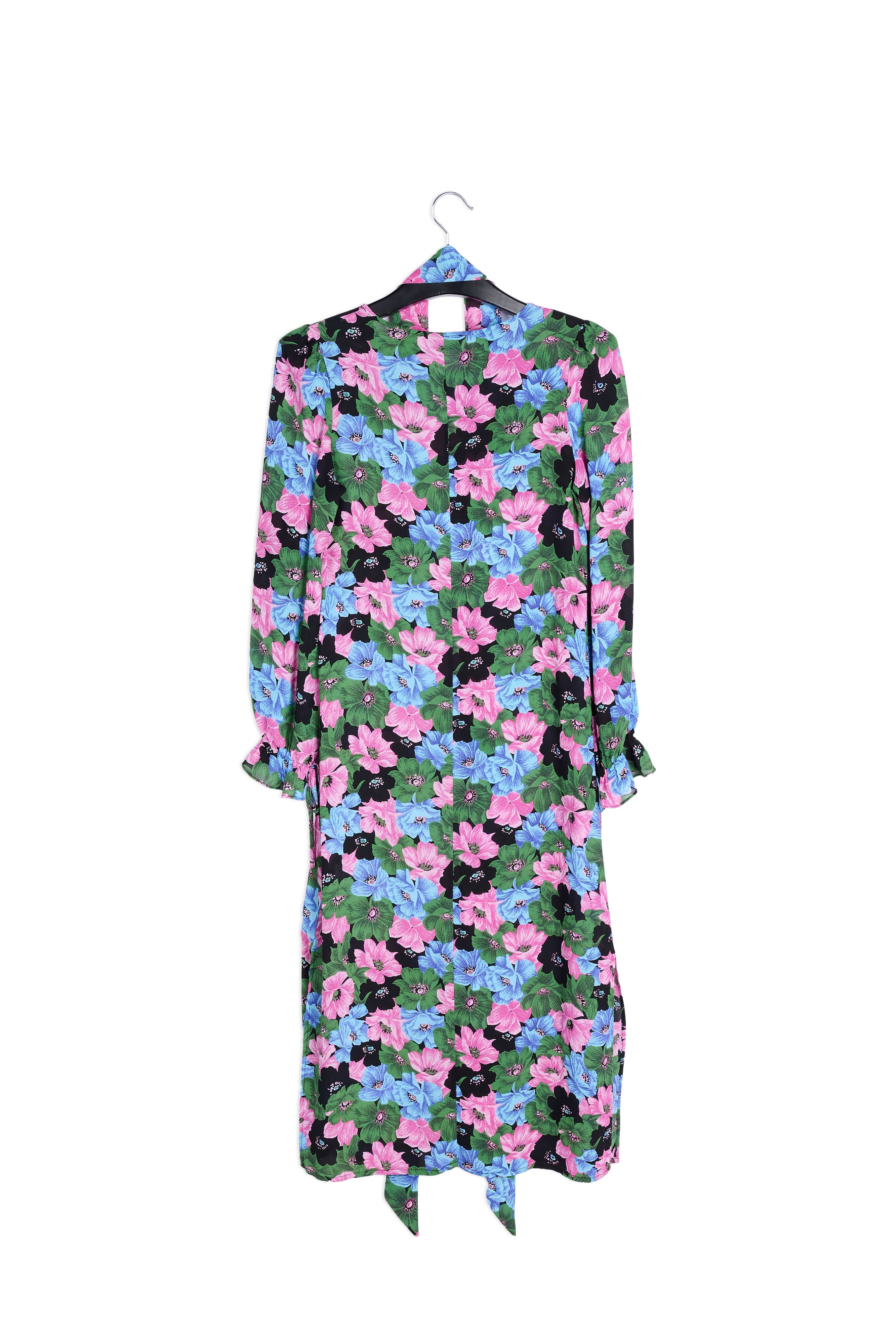 Midi-jurk met riem en roze, lichtblauwe en flesgroene bloemenprint RE—SSENTIEL | Essentiel second hand