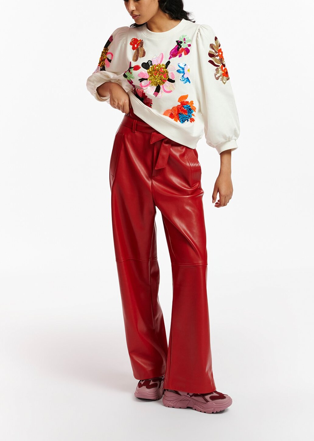 Red faux leather belted pants RE—SSENTIEL | Essentiel second hand