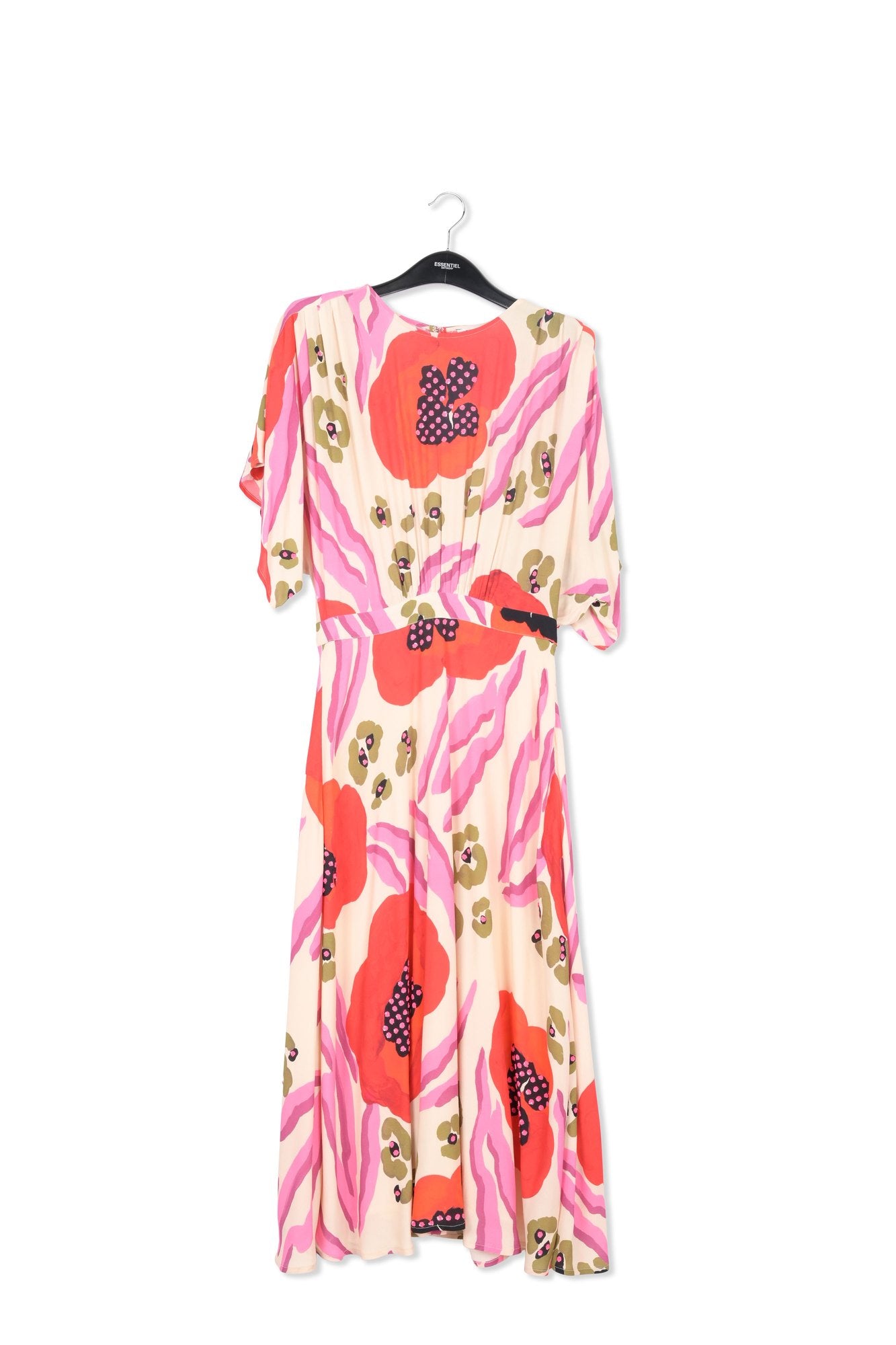 Ecru, red and pink abstract print midi-length dress RE—SSENTIEL | Essentiel second hand