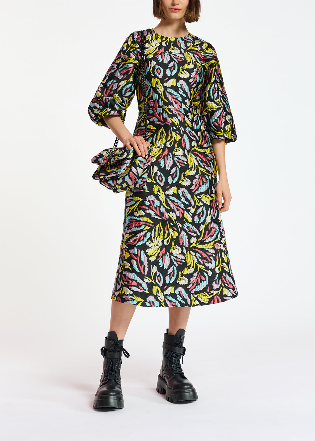 Black, yellow and lilac jacquard midi dress RE—SSENTIEL | Essentiel second hand