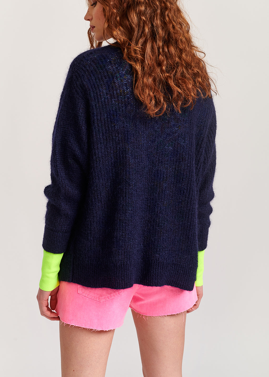 Dark blue mohair-blend cardigan with neon cuffs RE—SSENTIEL | Essentiel second hand