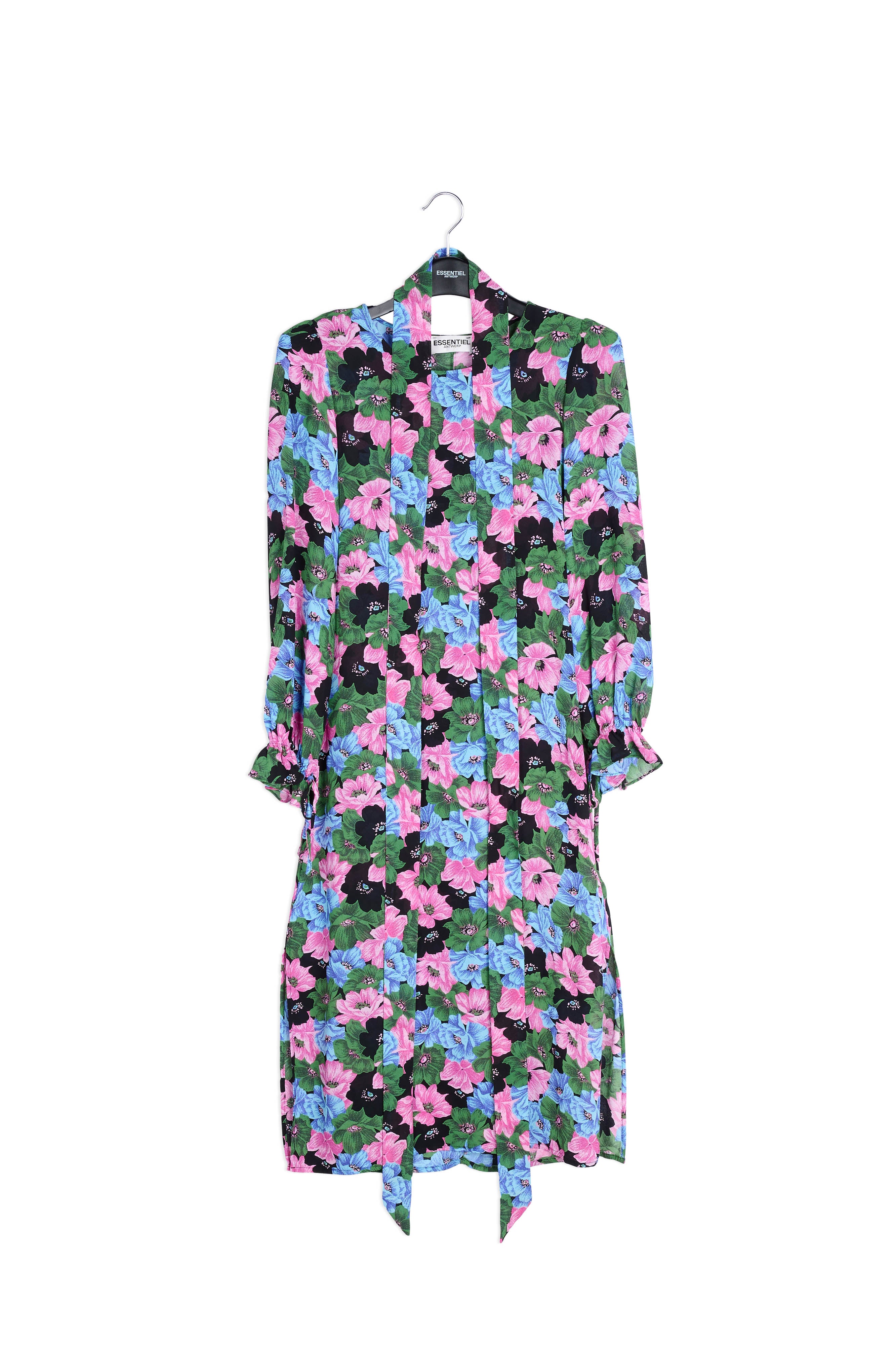 Midi-jurk met riem en roze, lichtblauwe en flesgroene bloemenprint RE—SSENTIEL | Essentiel second hand