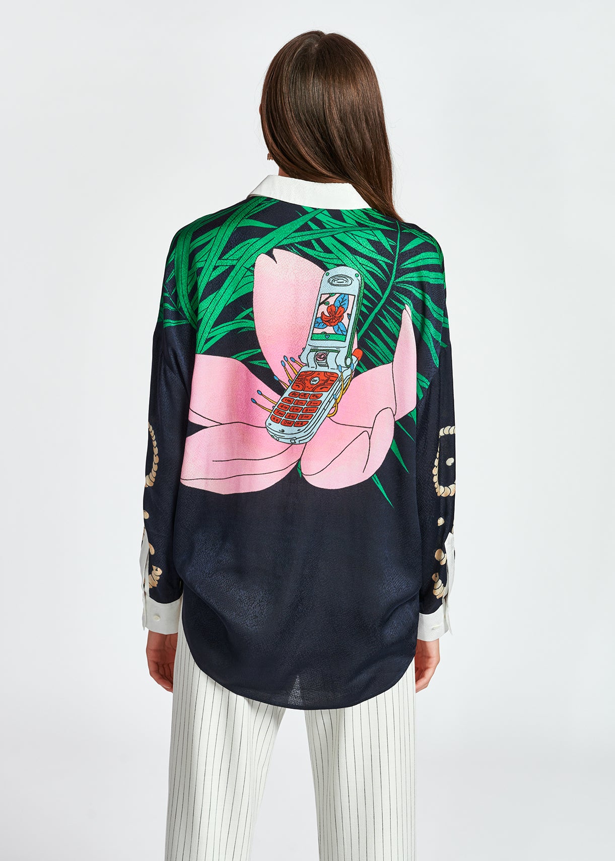 Dark blue tropical print viscose-jacquard shirt RE—SSENTIEL | Essentiel second hand