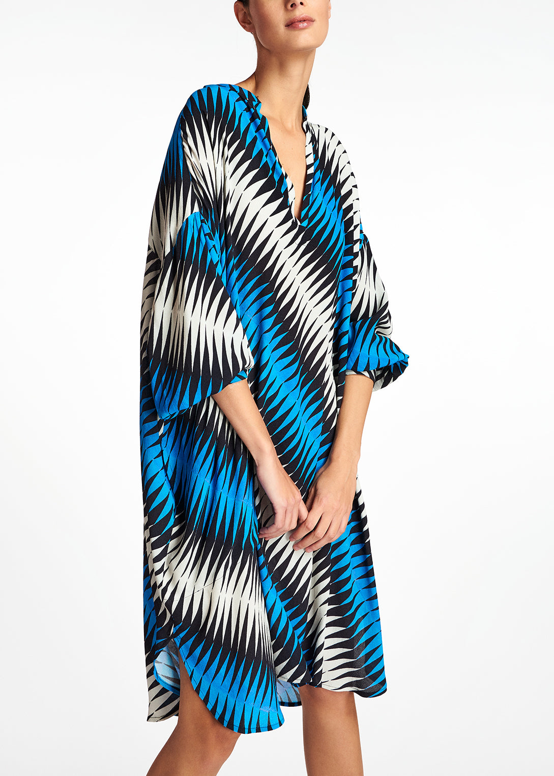 Blue, black and white graphic print knee-length dress RE—SSENTIEL | Essentiel second hand