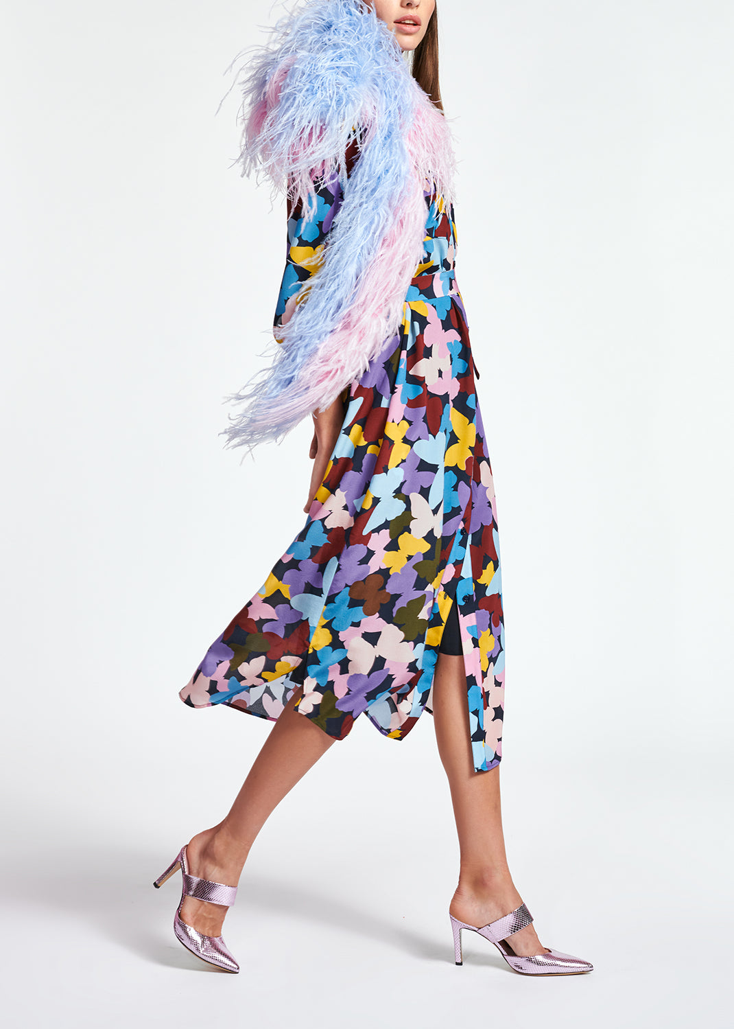 Silk burgundy, lilac and blue butterfly-print midi dress RE—SSENTIEL | Essentiel second hand