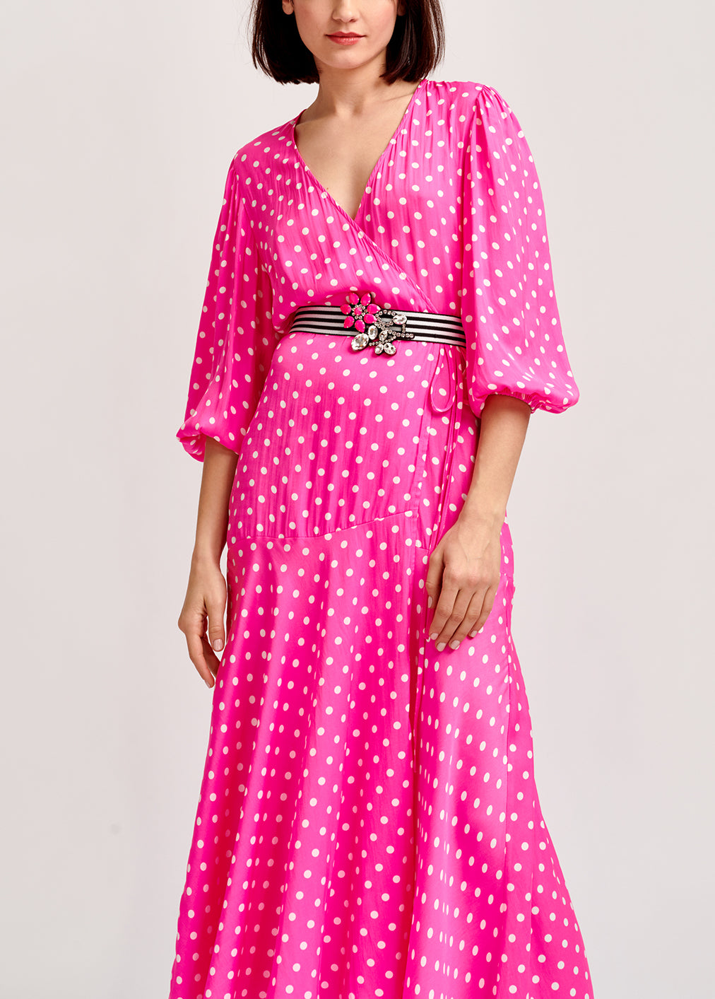 Neon pink polka dot wrap maxi dress RE—SSENTIEL | Essentiel second hand