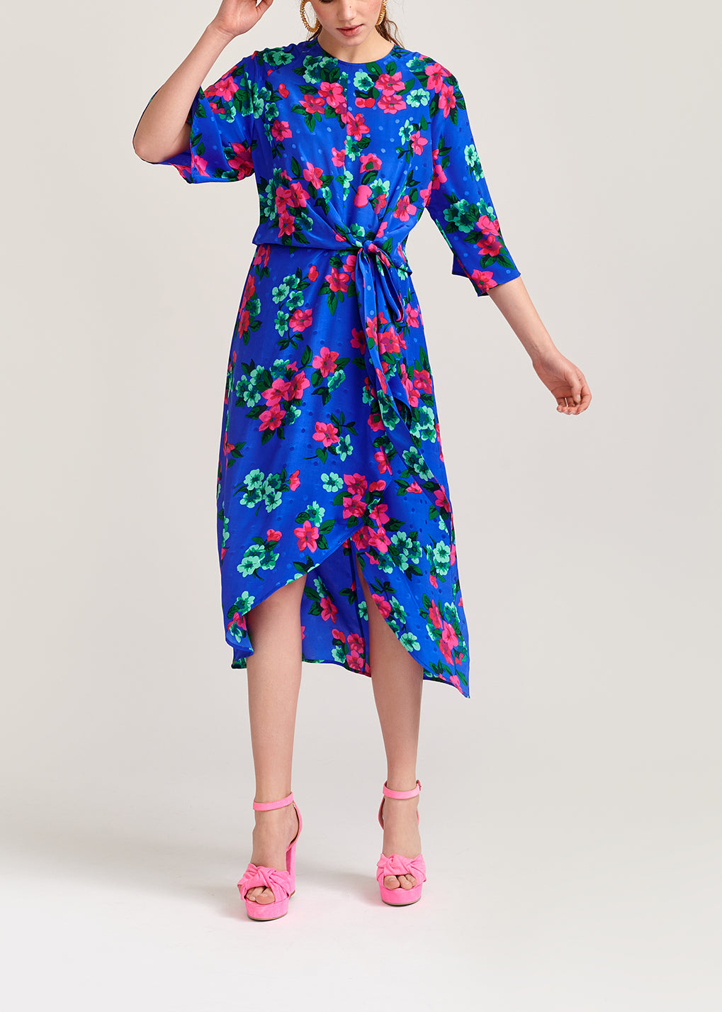 Blue floral and polka dot silk midi dress RE—SSENTIEL | Essentiel second hand
