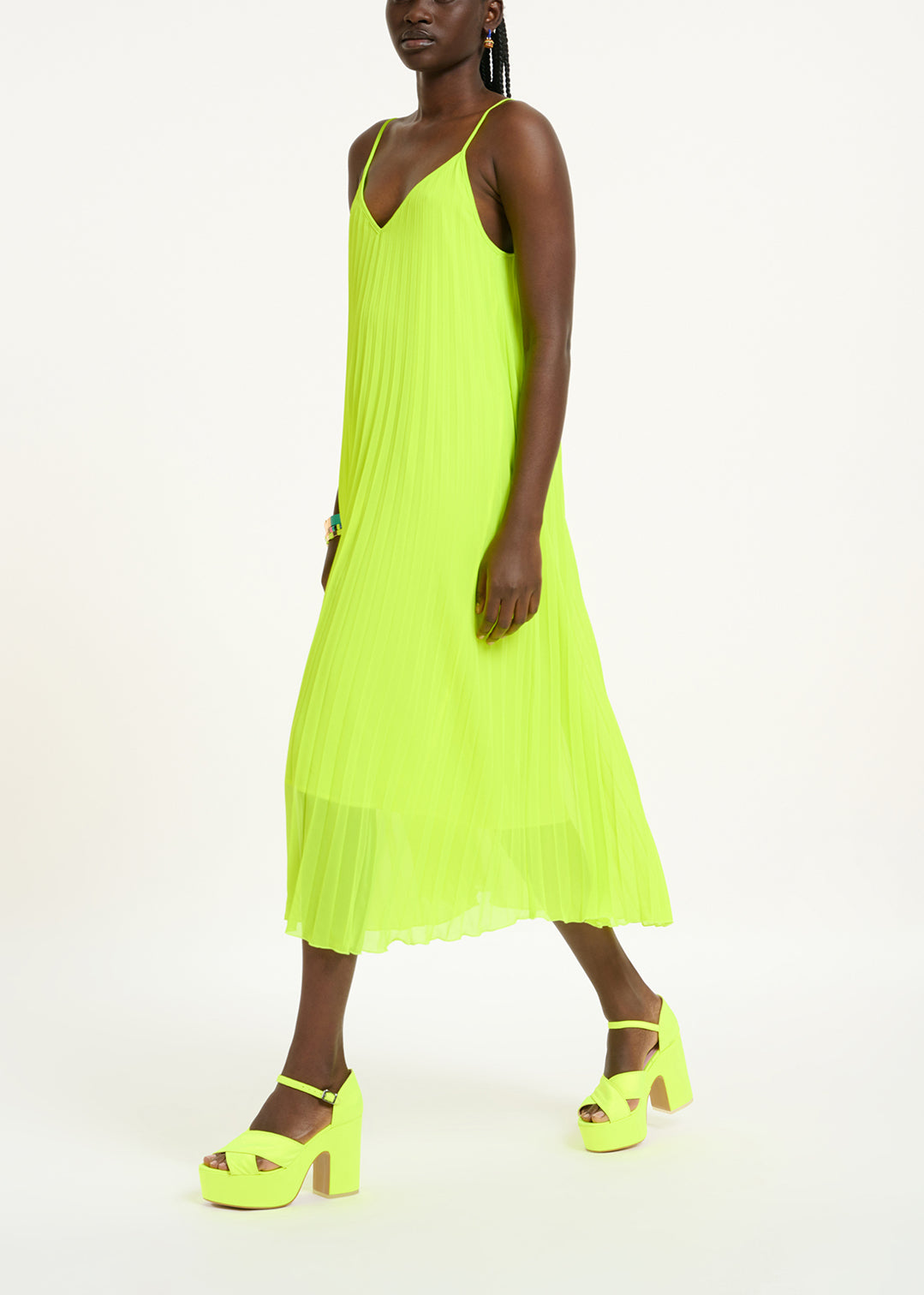 Neon yellow plissé midi-length slip dress RE—SSENTIEL | Essentiel second hand