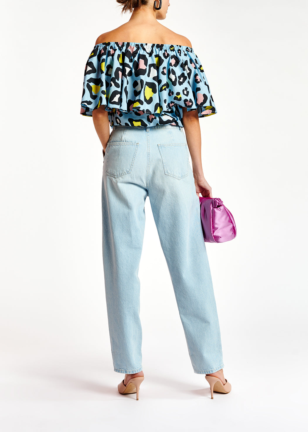 Light blue leopard-print off-shoulder top RE—SSENTIEL | Essentiel second hand