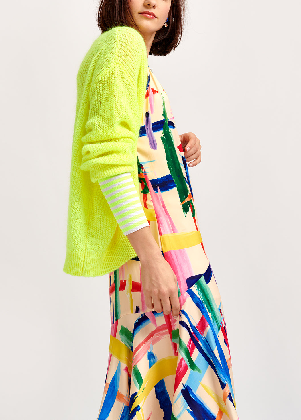 Neon yellow ribbed-knit cardigan with striped neon cuffs RE—SSENTIEL | Essentiel second hand