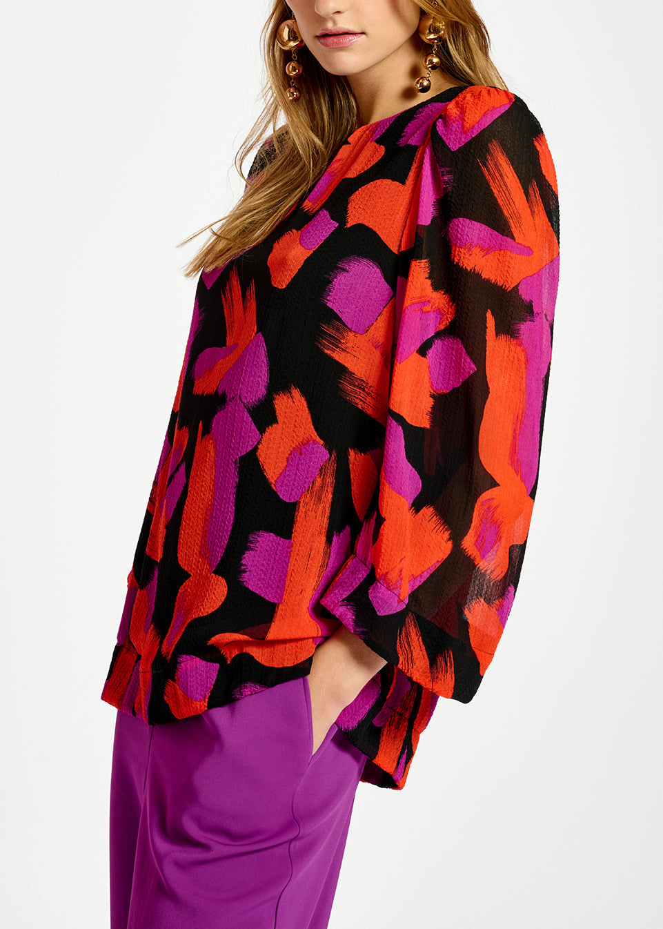 Black, orange and purple abstract-print top with puffed shoulders RE—SSENTIEL | Essentiel second hand