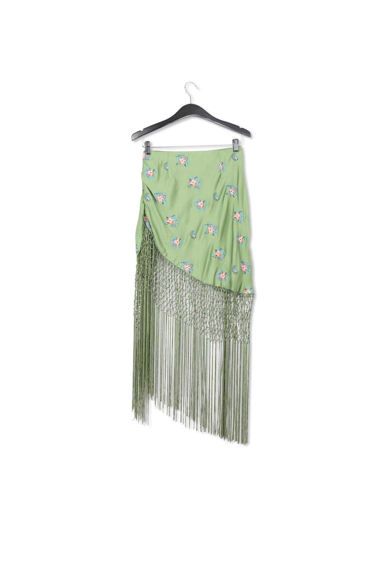 Dark green embroidered front-tie mini skirt with fringes RE—SSENTIEL | Essentiel second hand