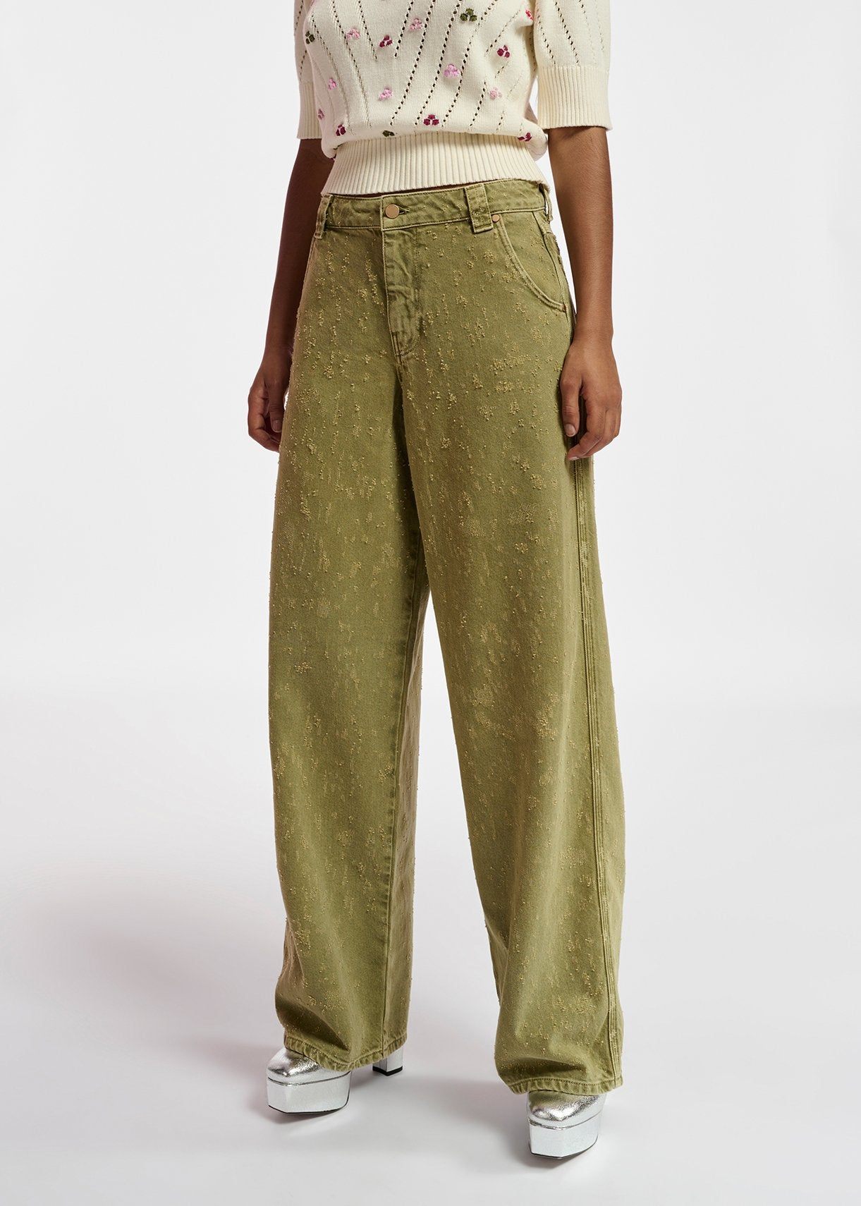 Khaki denim distressed wide-leg jeans RE—SSENTIEL | Essentiel second hand