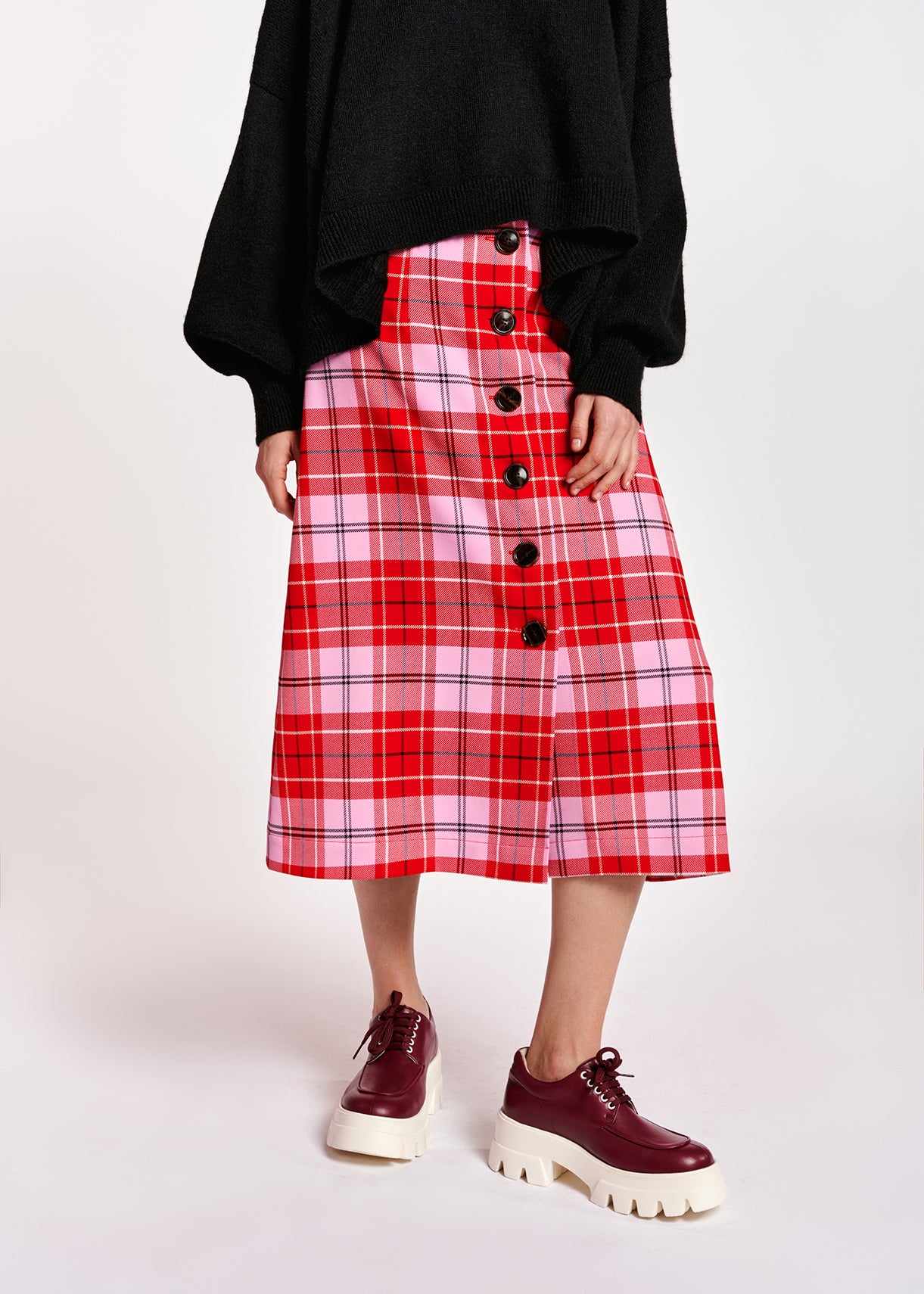 Jupe midi à carreaux rouge et rose RE—SSENTIEL | Essentiel second hand