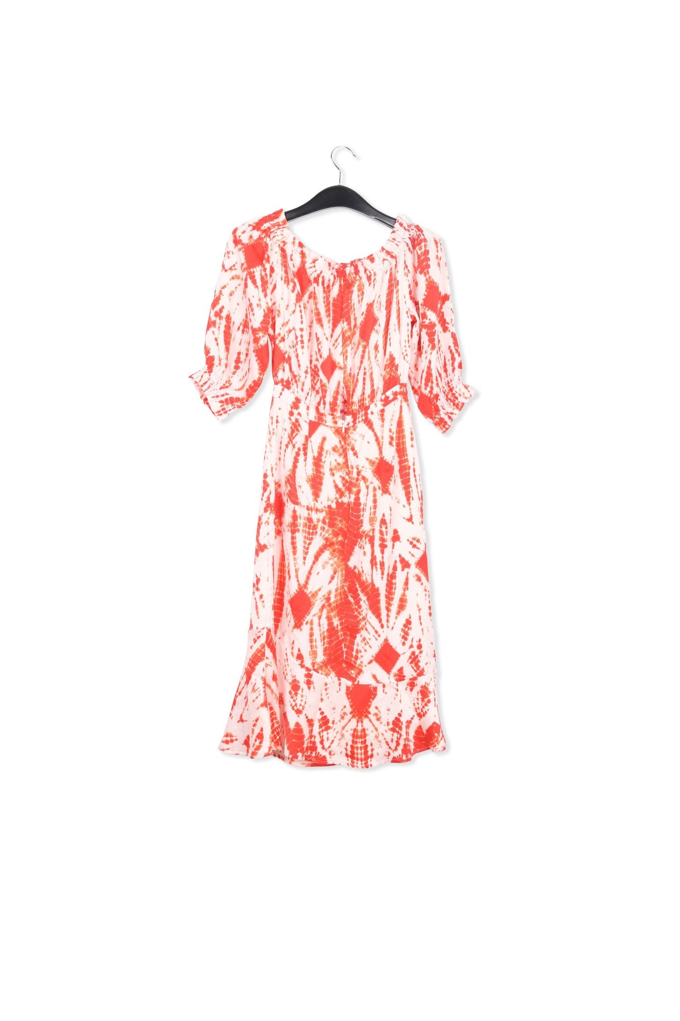 Off-white and dark blue tie-dyed off-the-shoulder silk dress RE—SSENTIEL | Essentiel second hand