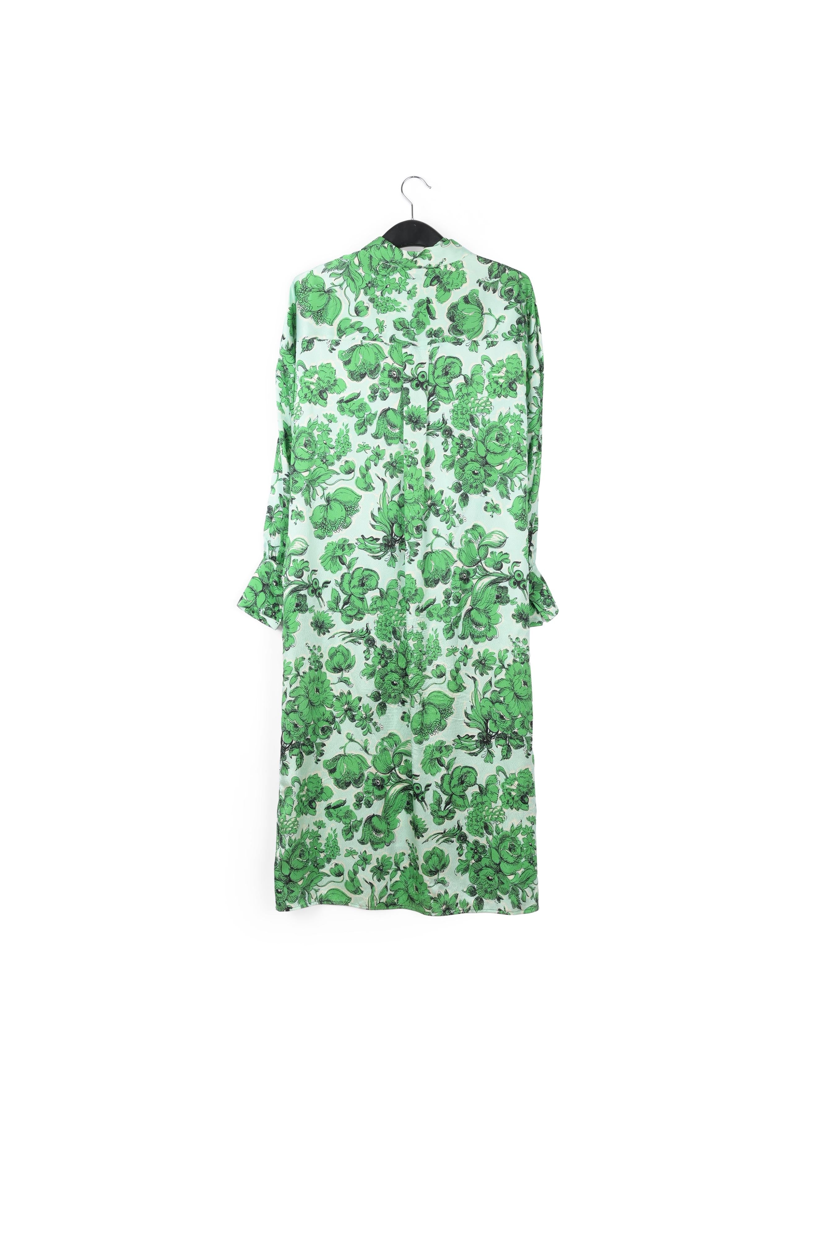 Robe chemise en soie bleue et verte fleurie RE—SSENTIEL | Essentiel second hand