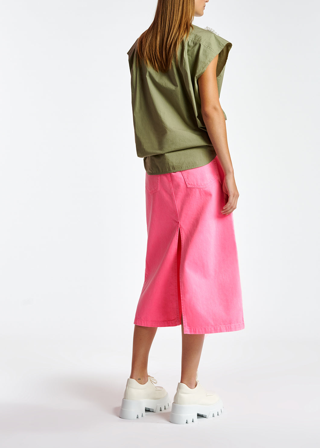 Khaki cotton sleeveless shirt with lace embroidered trimmings RE—SSENTIEL | Essentiel second hand