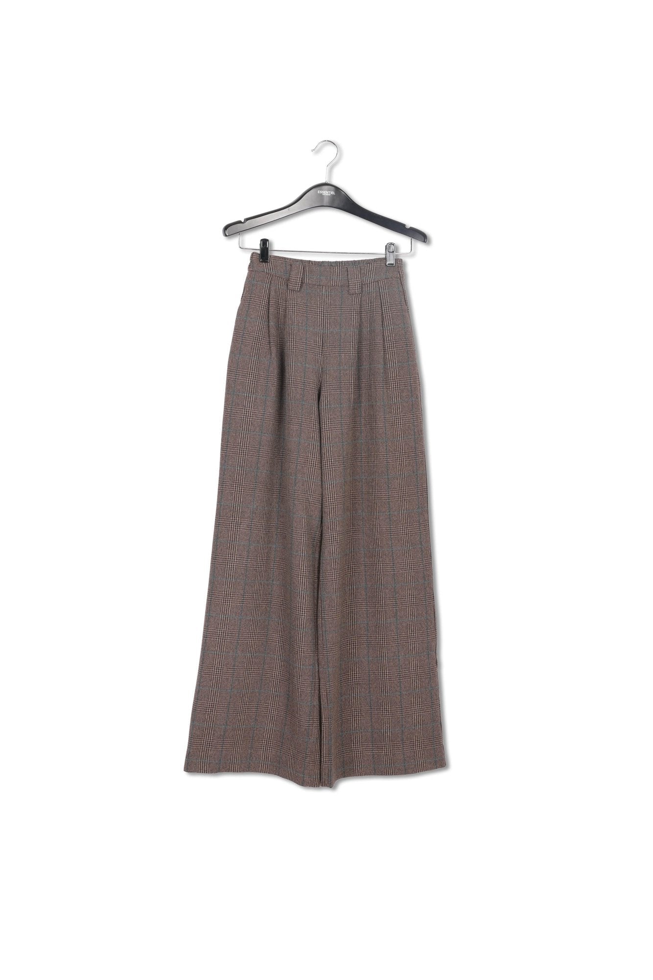 Bruine brede broek met beige en roze ruitjesmotief RE—SSENTIEL | Essentiel second hand