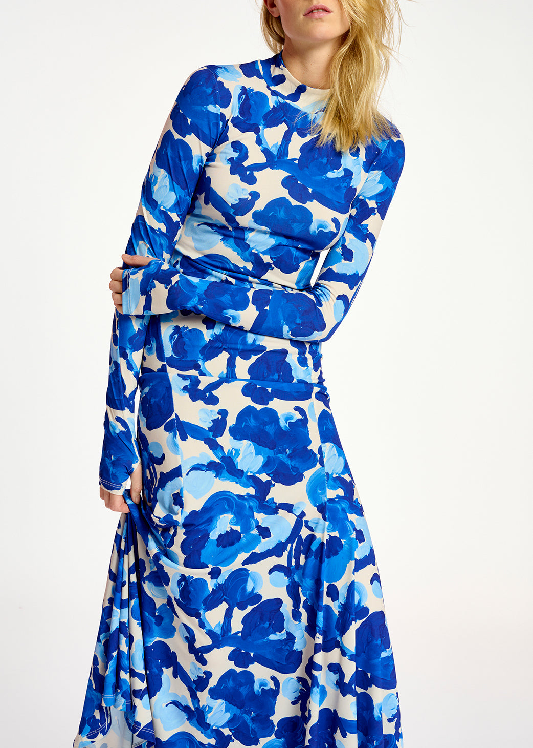 White and blue floral print stretch-jersey maxi dress RE—SSENTIEL | Essentiel second hand