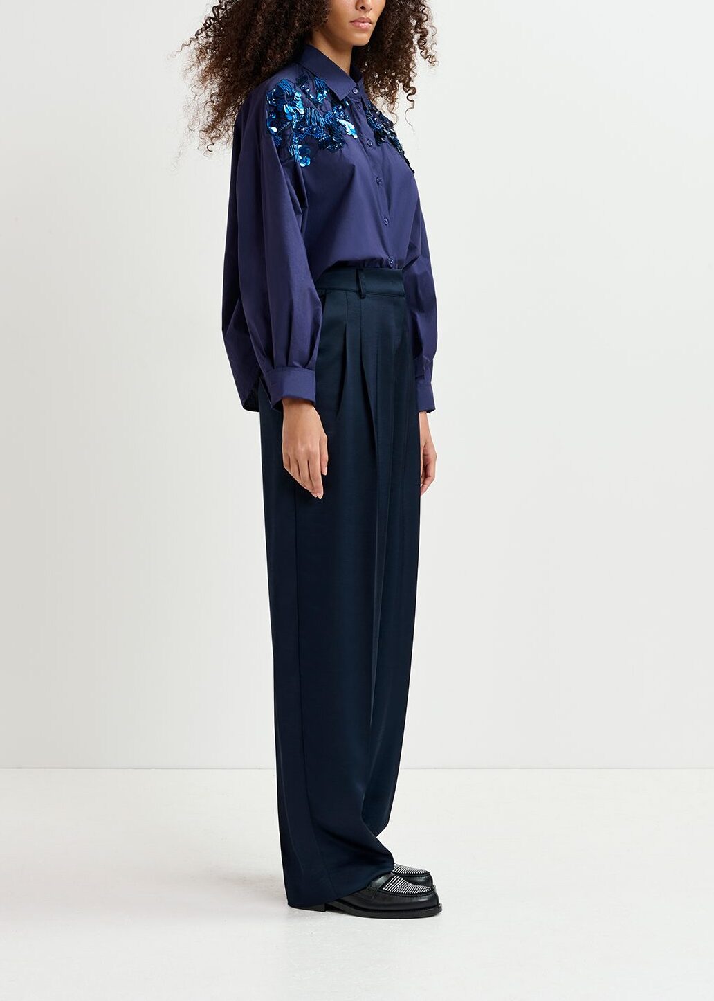 Navy blue cotton shirt with sequin and beaded embroideries RE—SSENTIEL | Essentiel second hand