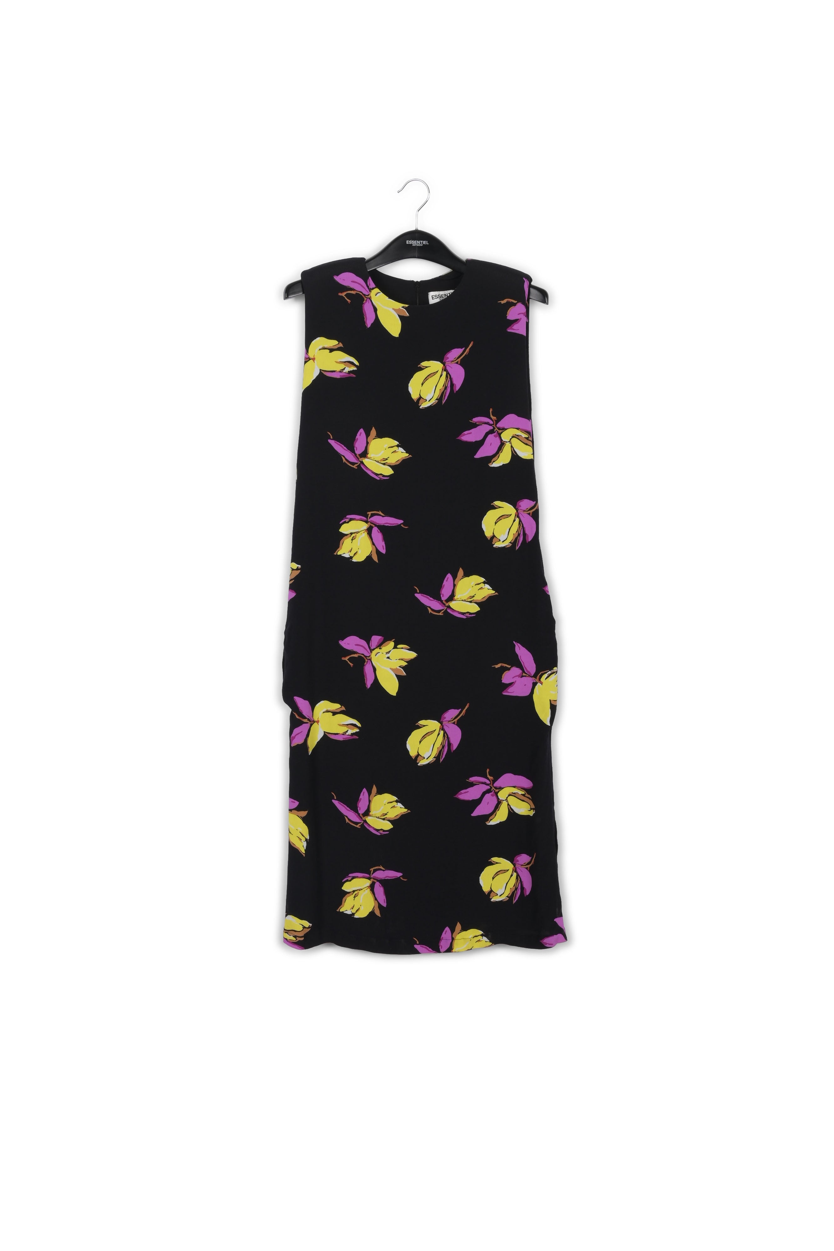 Black floral-print midi-length dress with padded shoulders RE—SSENTIEL | Essentiel second hand