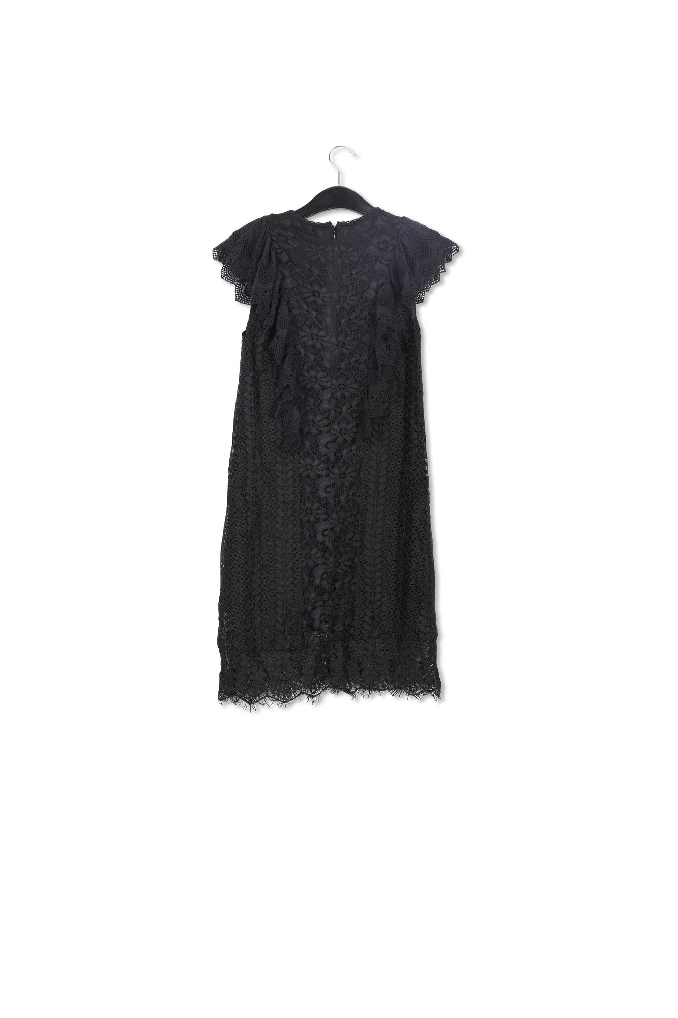 Zwarte kanten jurk met ruches en pailletten RE—SSENTIEL | Essentiel second hand